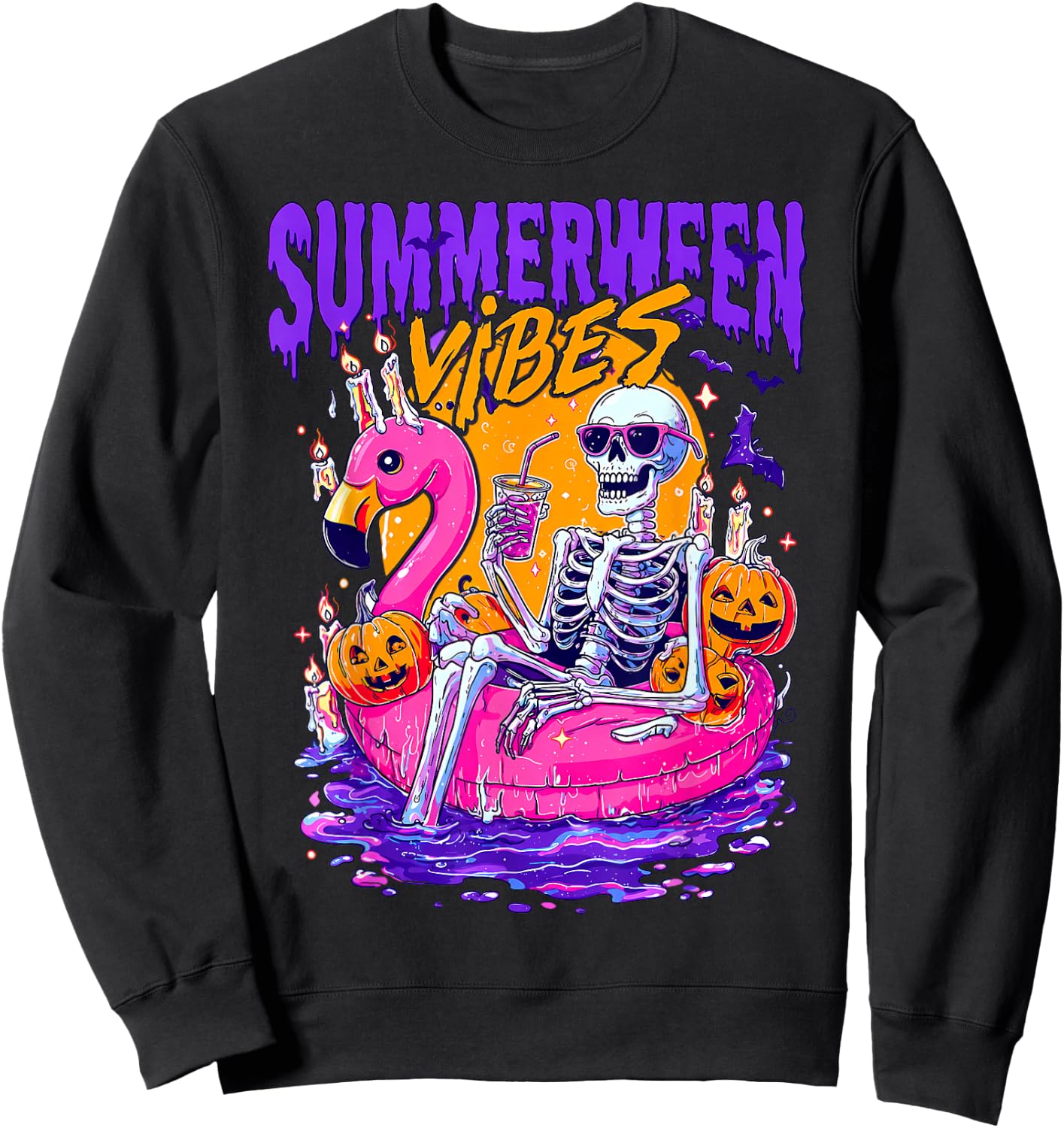 Summerween Funny Skeletons Halloween Floating Pool Pumpkin Sweatshirt - Sweatshirt | Black
