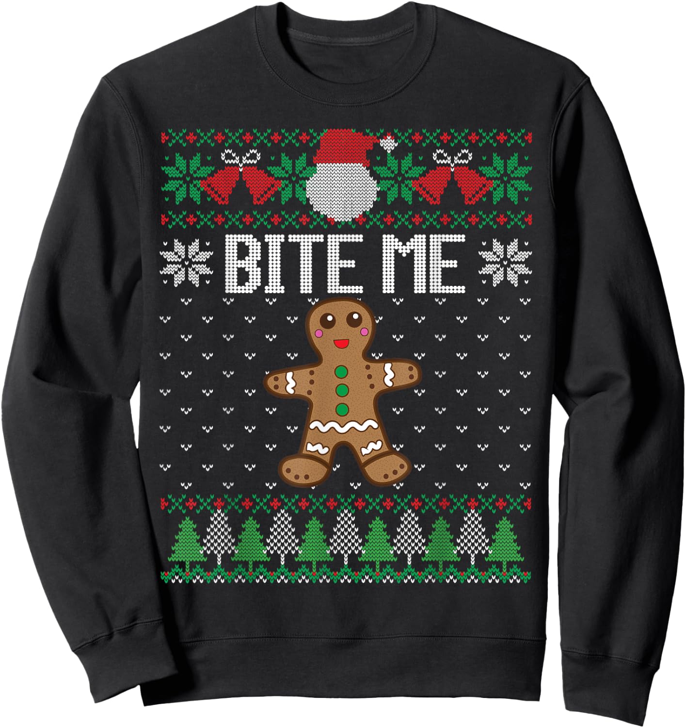 Funny Ugly Christmas Sweater Bite Me Gingerbread Man Sweatshirt - Sweatshirt | Black