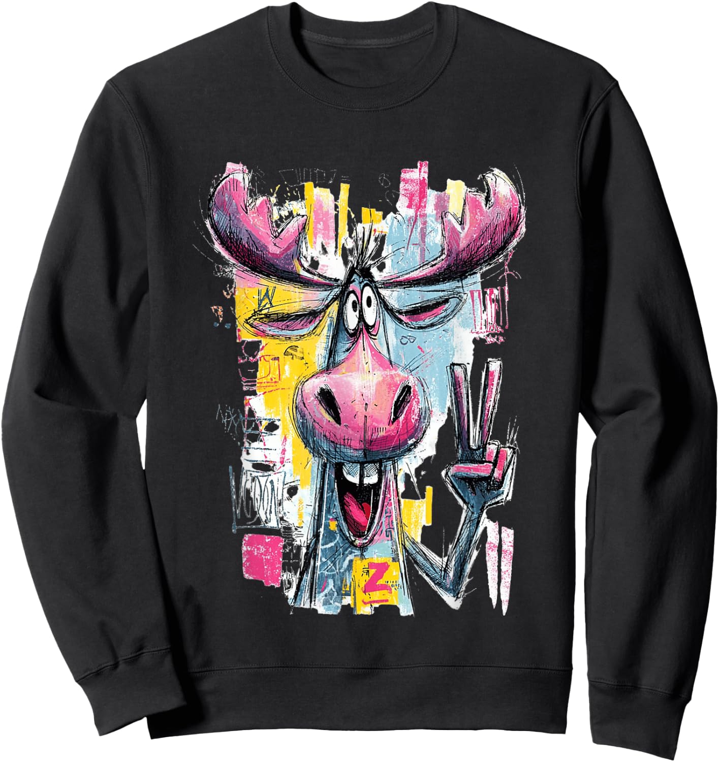 Funny Moose Peace Graffiti Pop Character Graphic Art Face Sweatshirt - Sweatshirt | Black