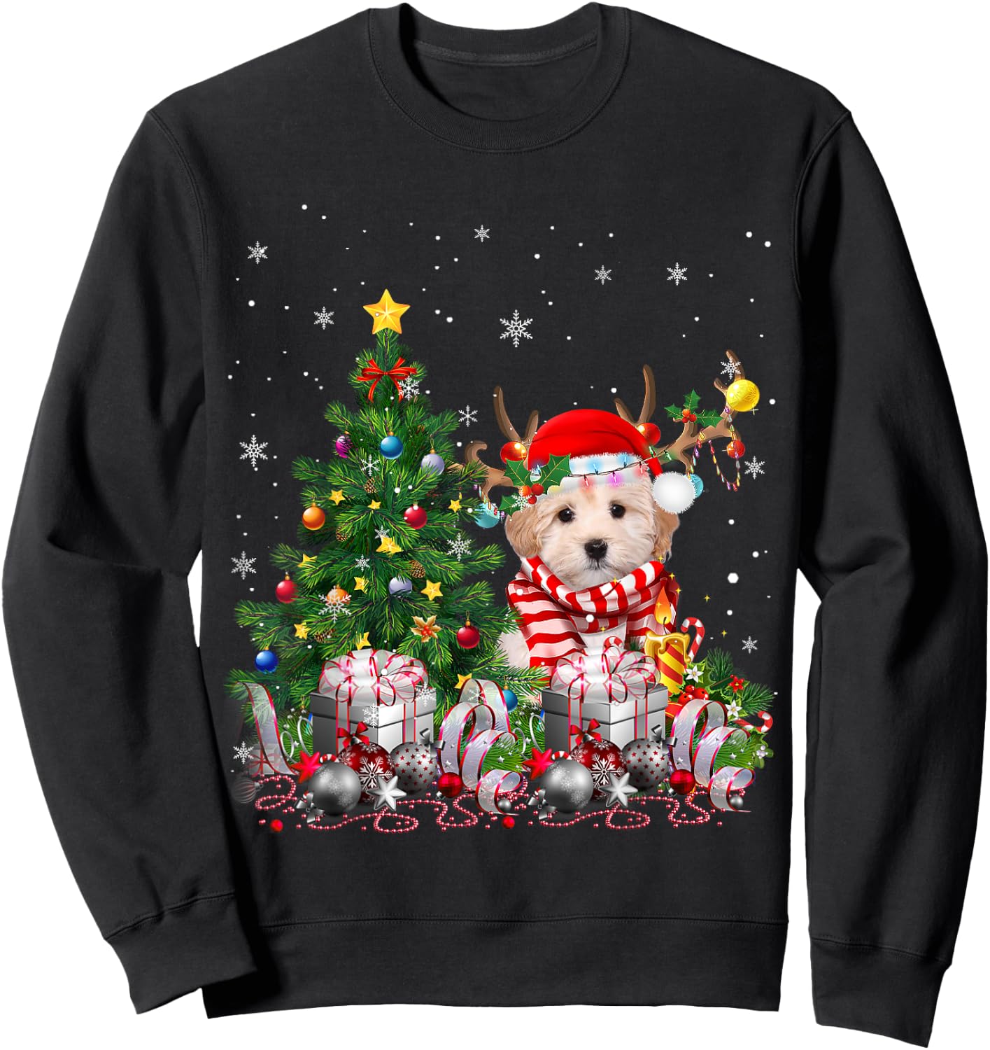 Maltipoo Dog Christmas Tree Lights Santa Pajamas Xmas Women Kids Sweatshirt - Sweatshirt | Black