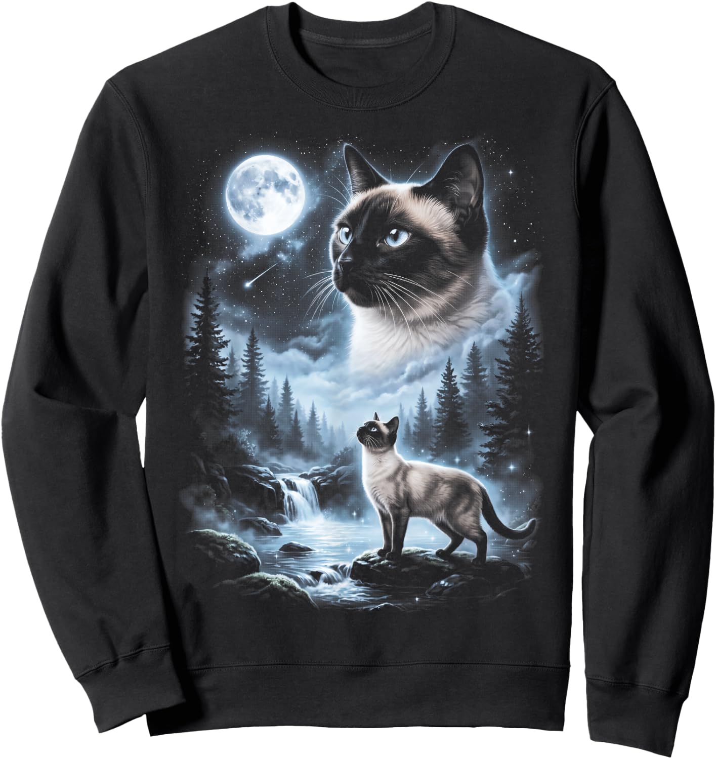 Siamese Cat Howling at Moon 90's Retro Sweatshirt - Sweatshirt | Black