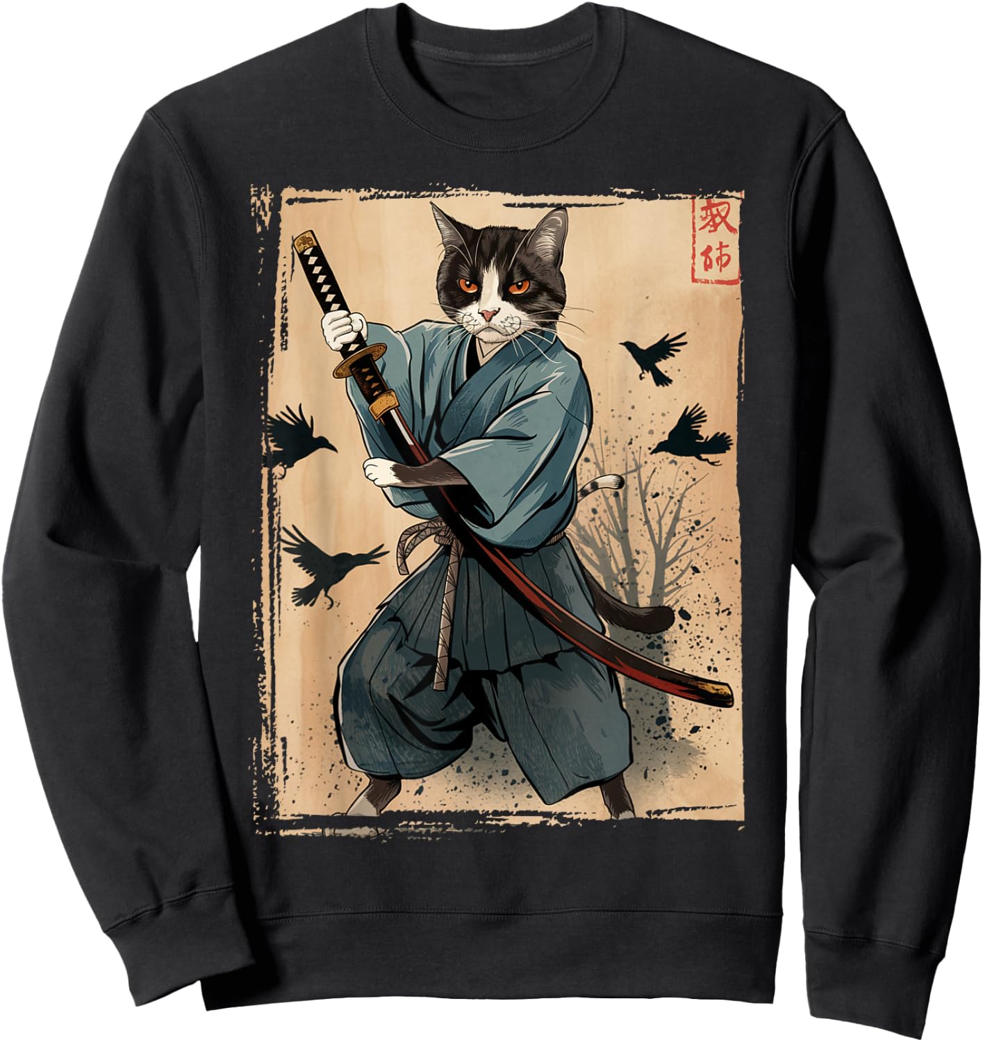 Samurai Cat Anime Cool Funny Graphic Women Kids Sweatshirt - Sweatshirt | Black