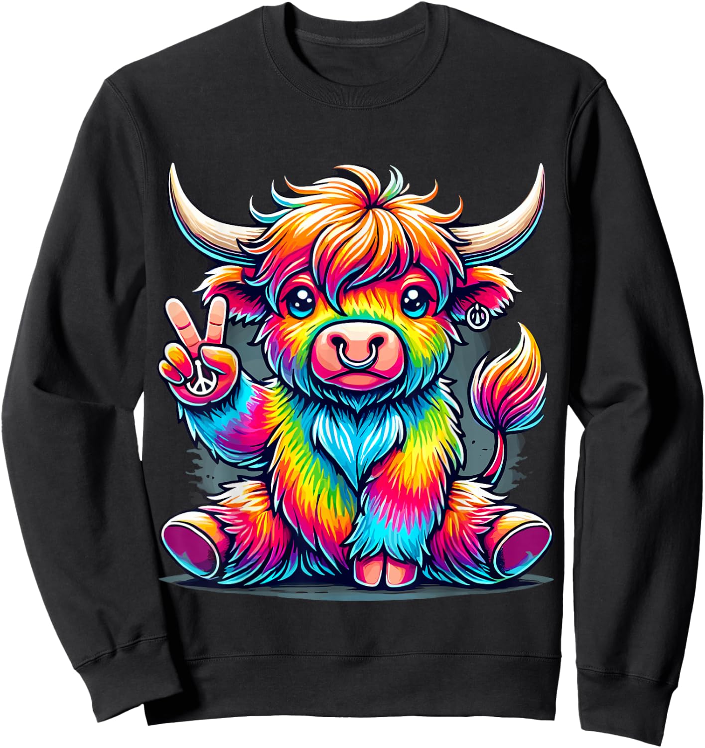Tie-Dye Highland Cow Peace Sign Hippie Sweatshirt - Sweatshirt | Black