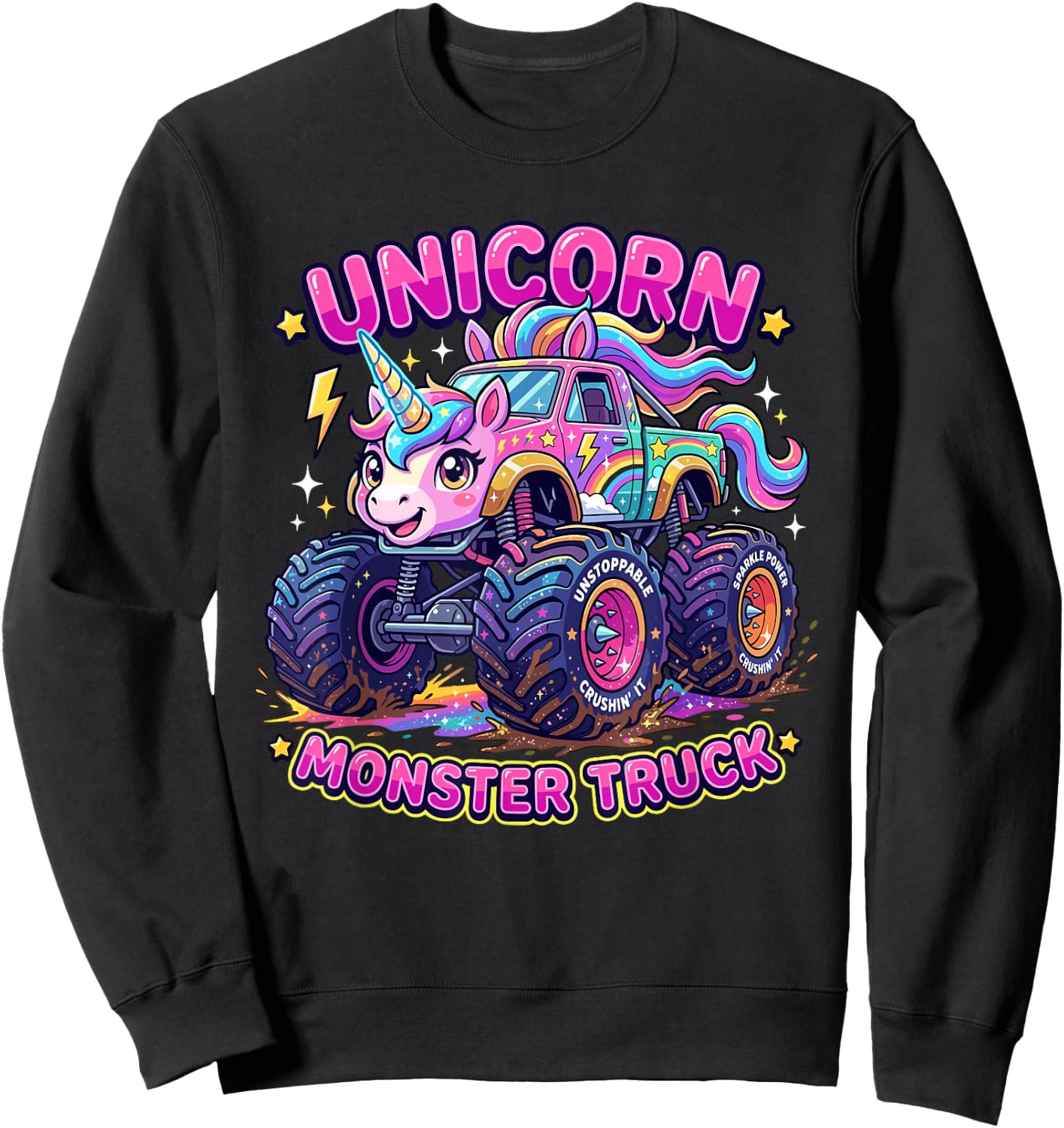 Monster Truck Unicorn Magical Rainbow Sparkle Girls Offroad Sweatshirt - Sweatshirt | Black