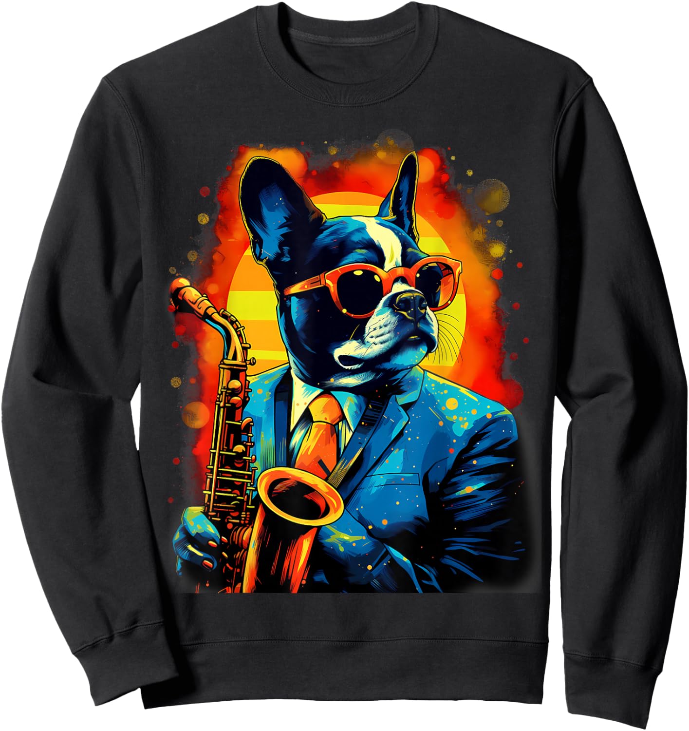Jazz Musician Boston Terrier Dog Saxophone Sweatshirt - Sweatshirt | Black