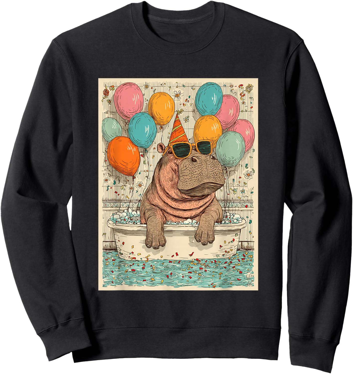 Hippo Birthday Party Balloons Bathtub Art Print Sweatshirt - Sweatshirt | Black