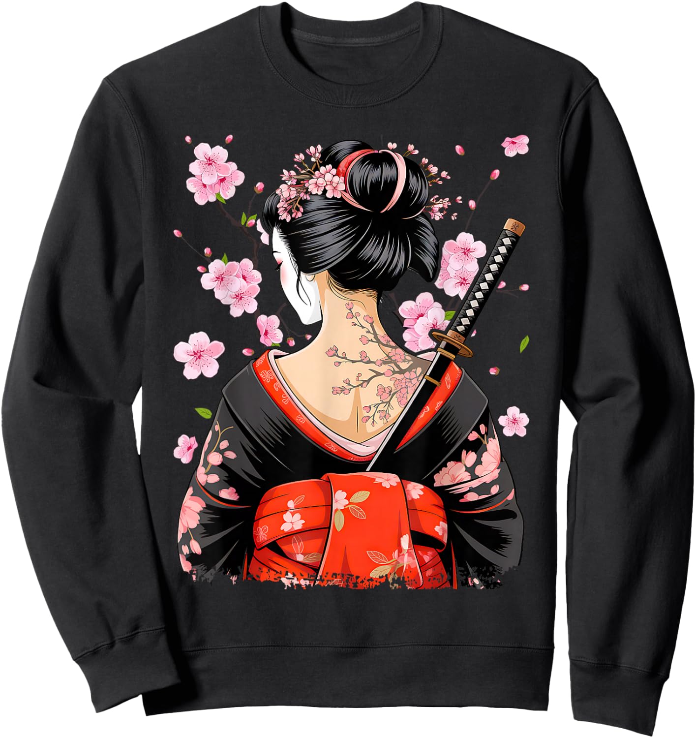 Japanese Samurai Girl Sakura Cherry Blossom Geisha Sweatshirt - Sweatshirt | Black