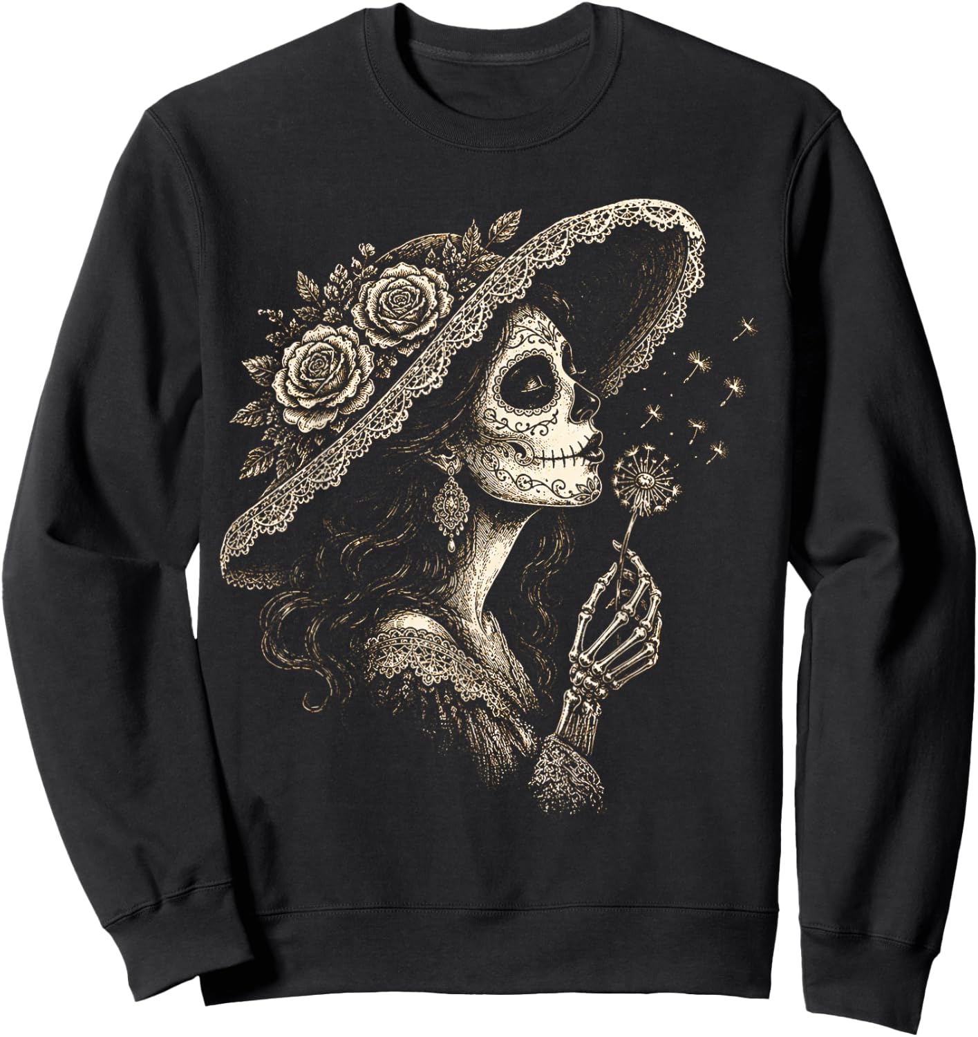la Catrina Blowing Wish Sugar Skull Lady Dandelion Art Sweatshirt - Sweatshirt | Black
