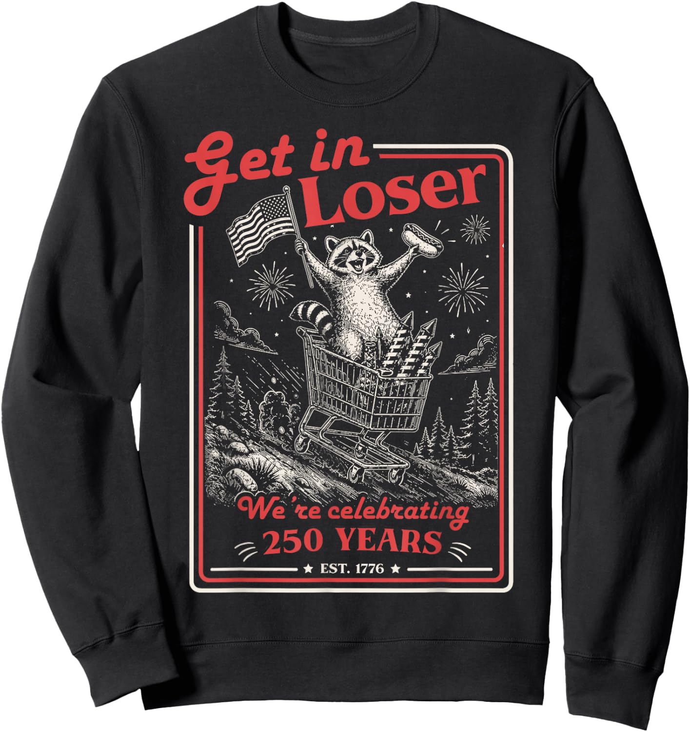 Get in Loser We're Celebrating 250 Years Patriotic Raccoon Sweatshirt - Sweatshirt | Black