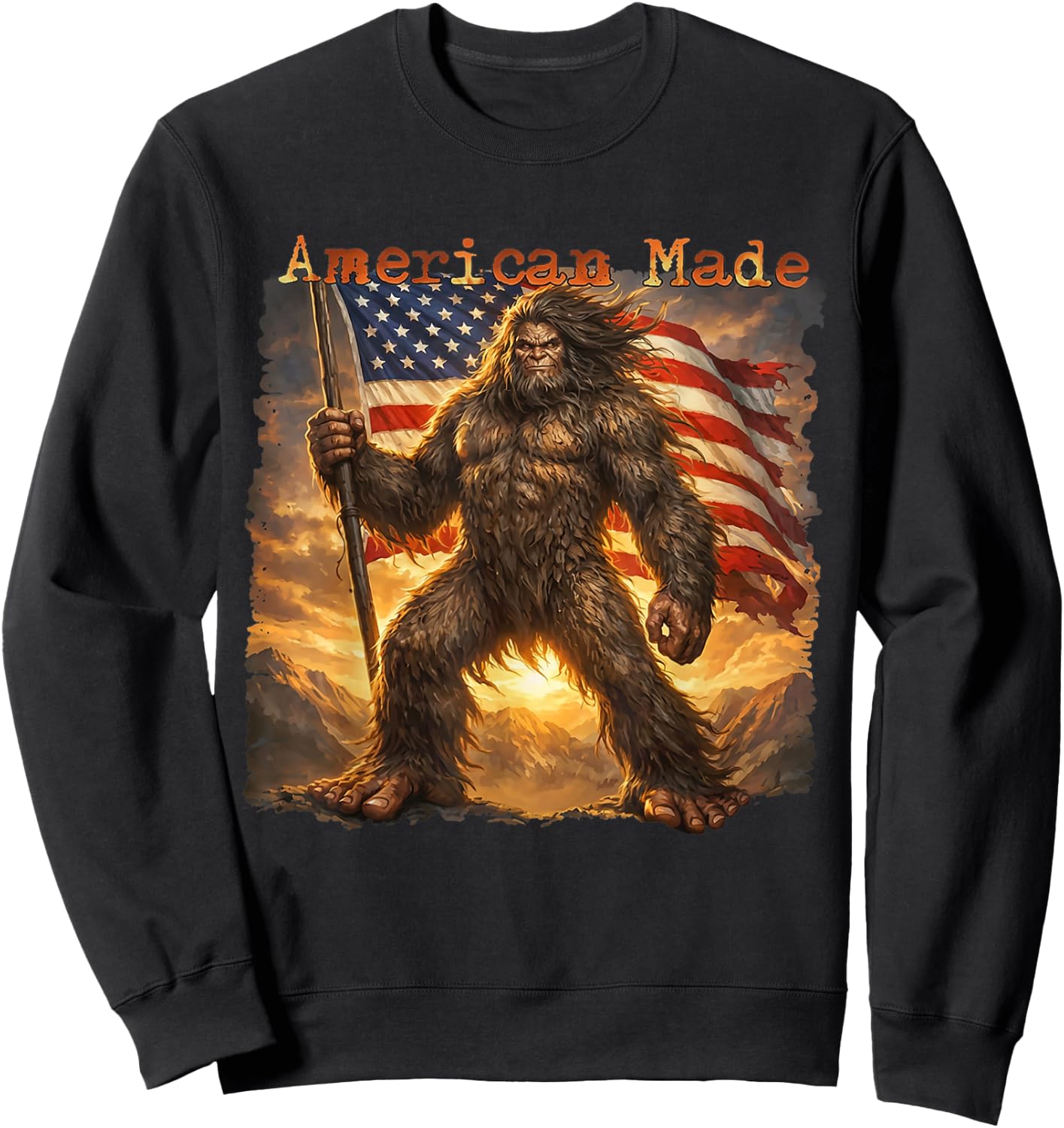 American Made Funny Bigfoot USA Flag Retro Sweatshirt - Sweatshirt | Black
