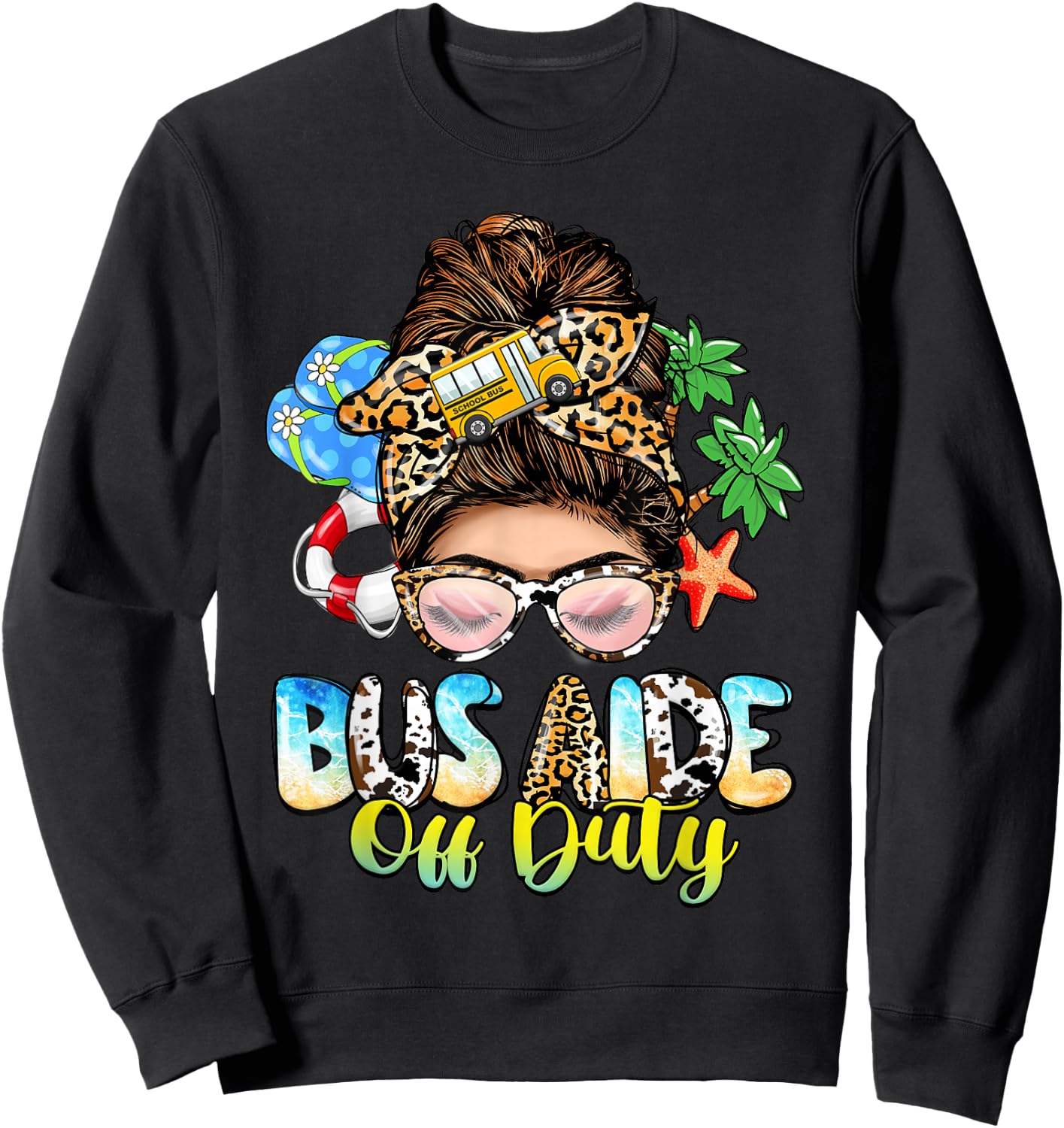 Buses Consultant Messy Bun Leopard Last Day of School Sweatshirt - Sweatshirt | Black