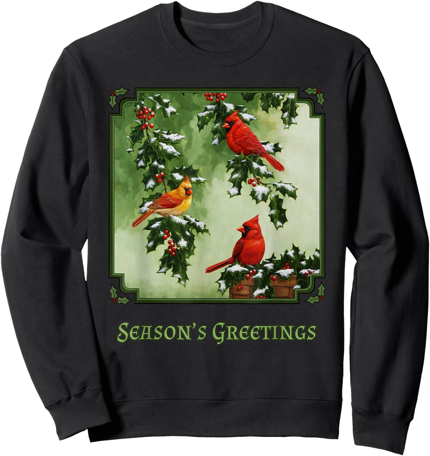 Red Cardinal Birds Christmas Holly Berries Leaves Snow Sweatshirt - Sweatshirt | Black