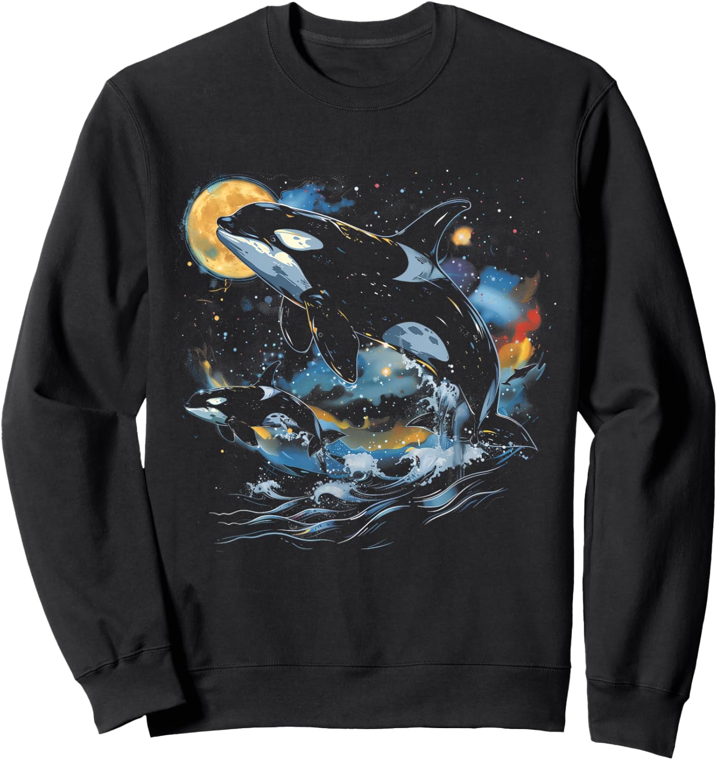Orca In Space, Planets, Stars, Wall Lovers Sweatshirt - Sweatshirt | Black
