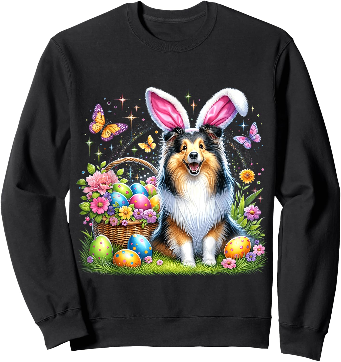 Cute Bunny Shetland Sheepdog Dog Easter Eggs Basket Party Sweatshirt - Sweatshirt | Black
