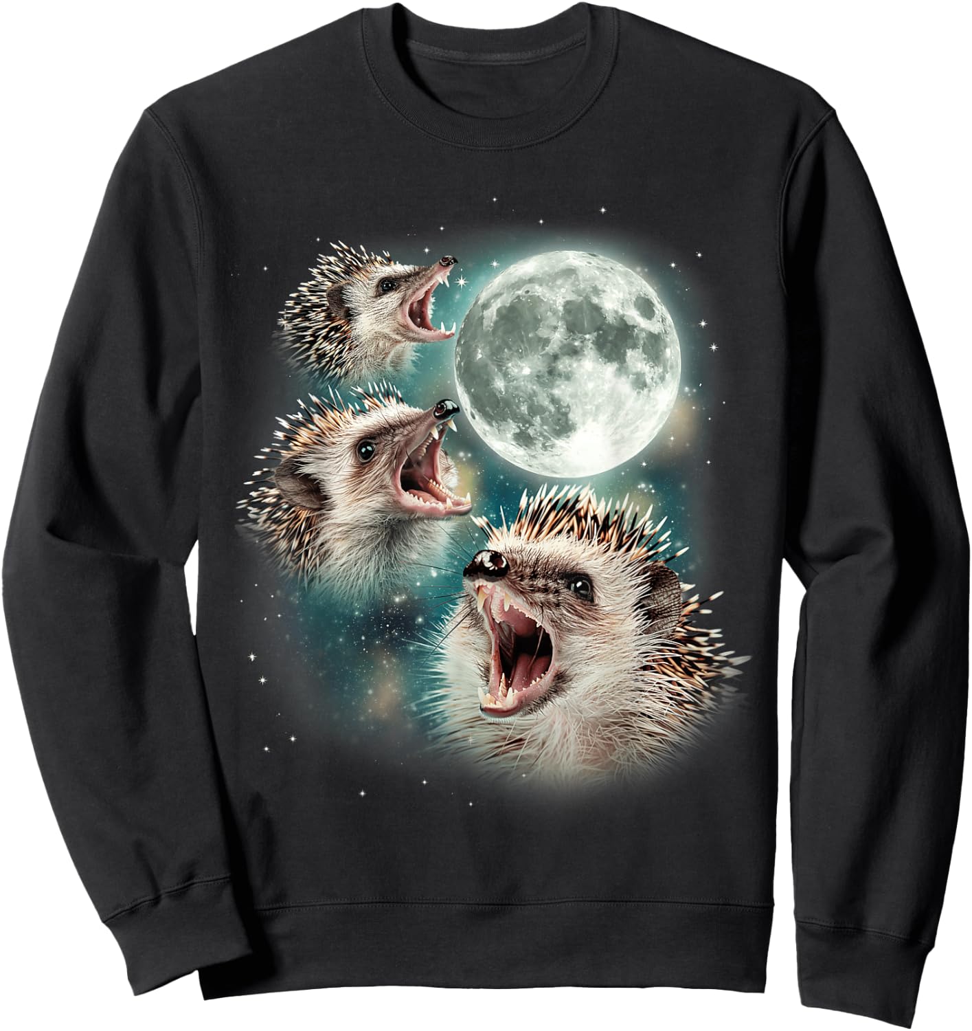 Three Hedgehog Moon | 3 Hedgies Funny Weird Cursed Meme , black, S Sweatshirt - Sweatshirt | Black