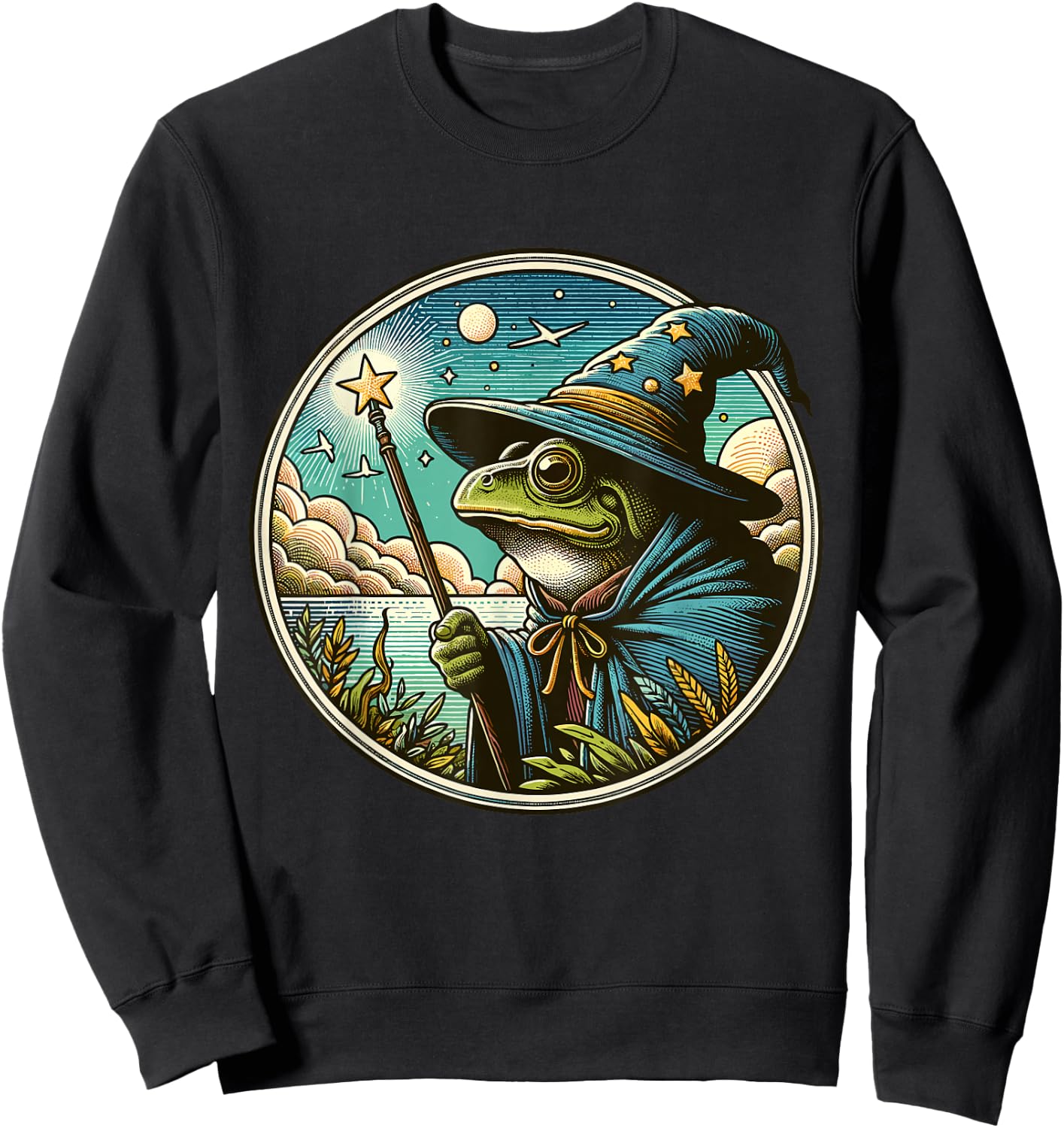 Whimsical Frog Wizard Sweatshirt - Sweatshirt | Black
