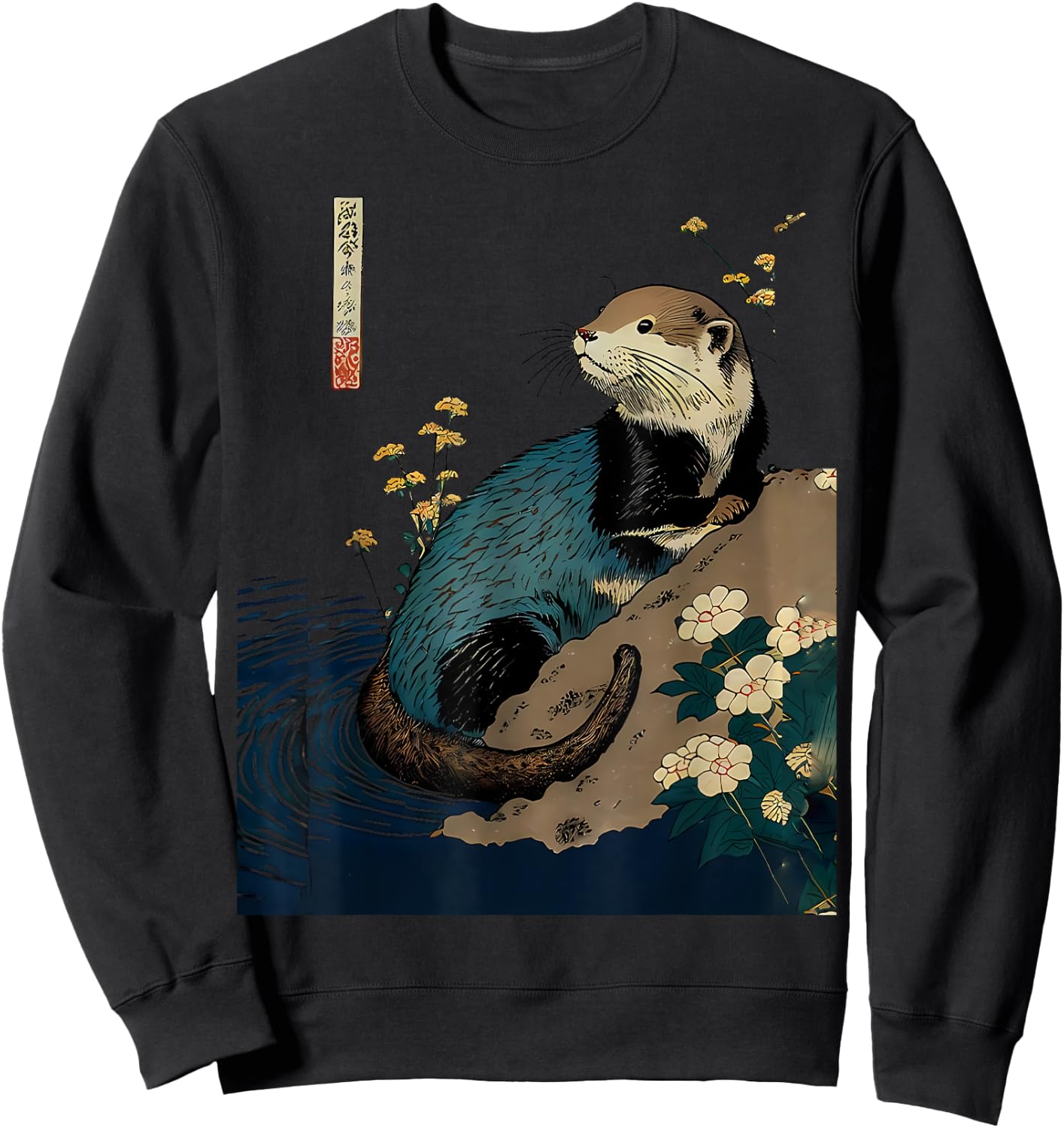 Floral Otter Water Japanese Art Print Sweatshirt - Sweatshirt | Black