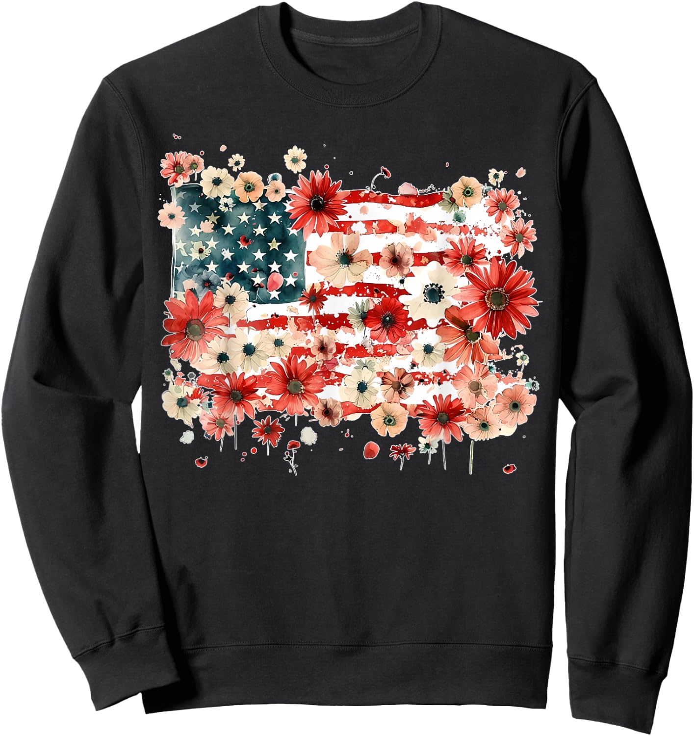 Floral USA Est 1776 Patriotic Wildflower 4th of July Retro Sweatshirt - Sweatshirt | Black