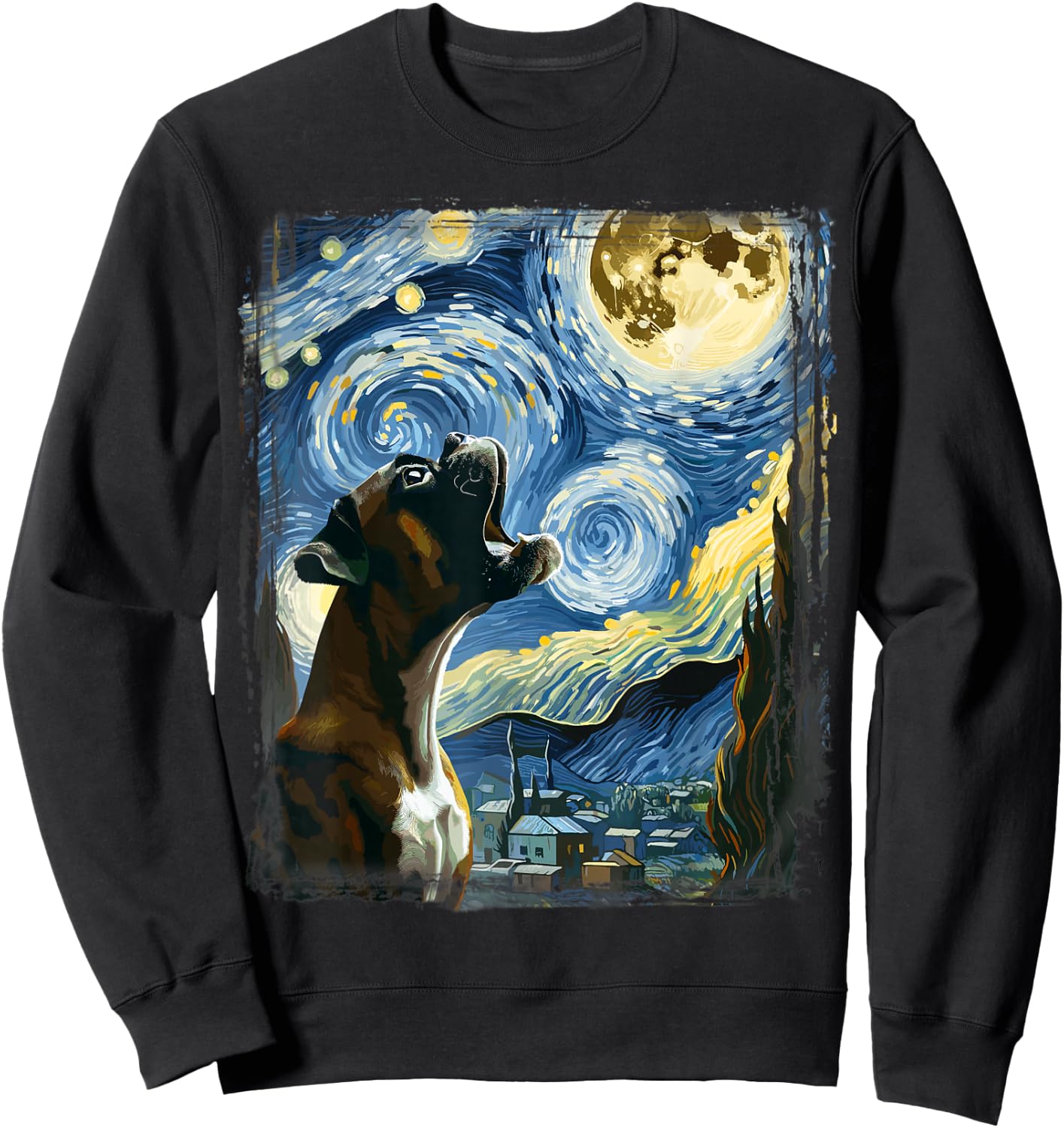 Boxer Dog Moonlit Canine Art Van Gogh Starry Night Boxer Sweatshirt - Sweatshirt | Black