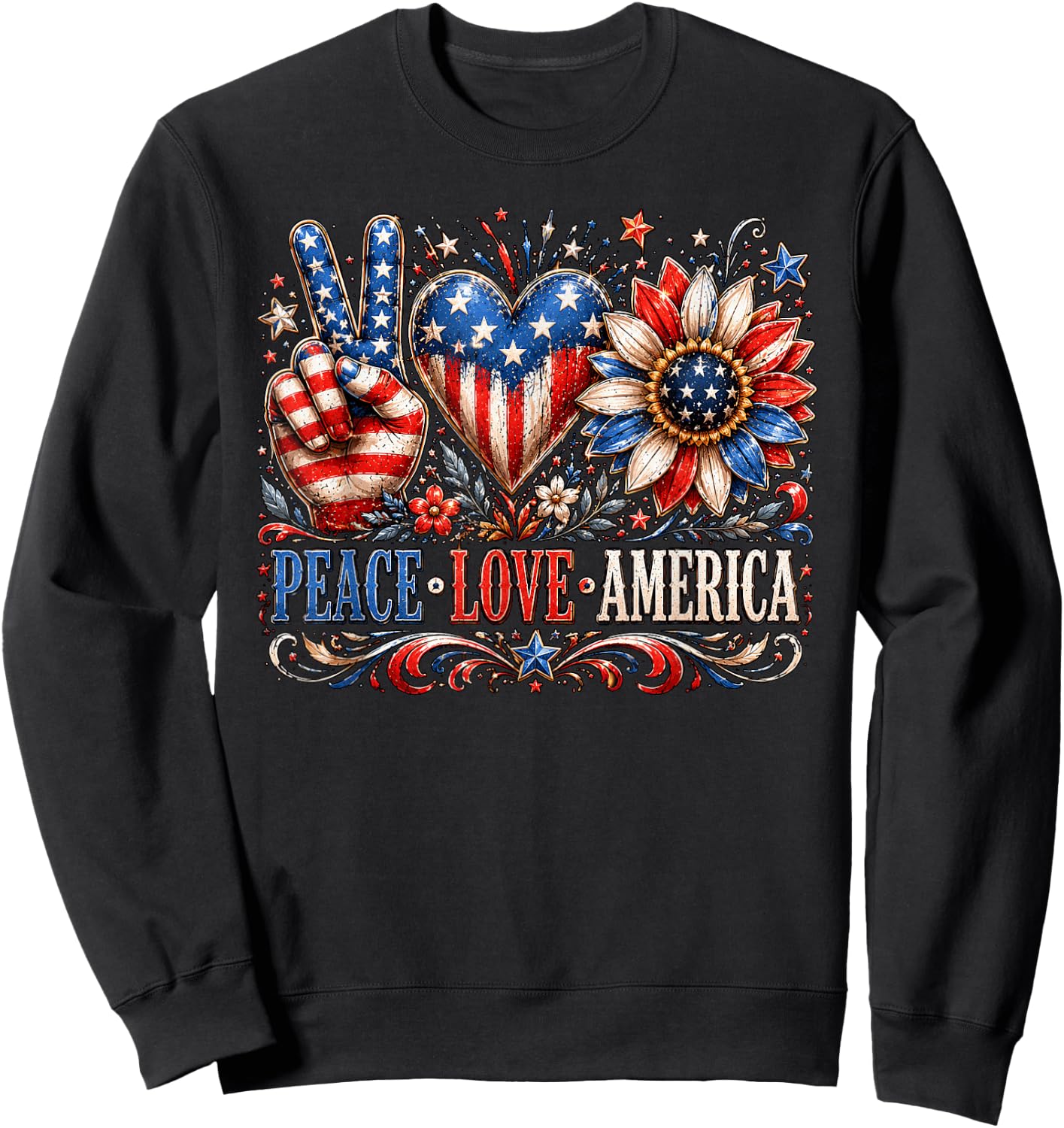 Patriotic Sunflower USA Flag Peace Love America 4th of July Sweatshirt - Sweatshirt | Black