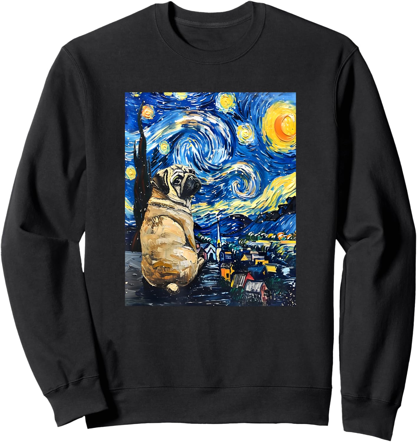 Cute Van Gogh Pug Starry Night Funny Dog Women Men Sweatshirt - Sweatshirt | Black