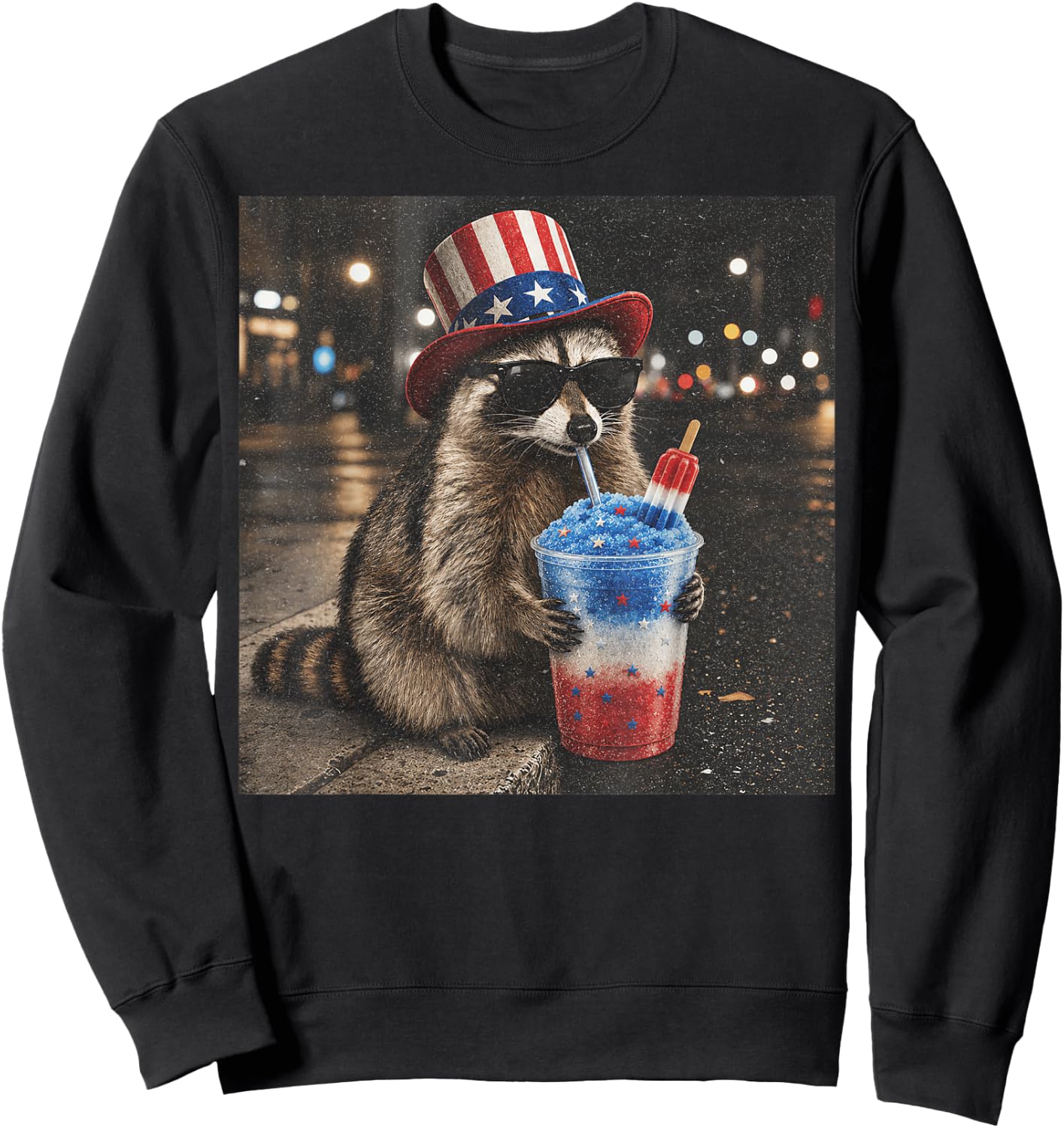 4th of July Raccoon Drinking Red White Blue Slushie Popsicle Sweatshirt - Sweatshirt | Black