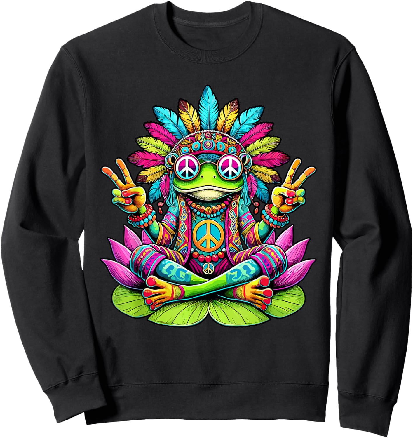 Hippie Frog, Peace Sign, 70s Party & 60s Costume, Sunglasses , black Sweatshirt - Sweatshirt | Black