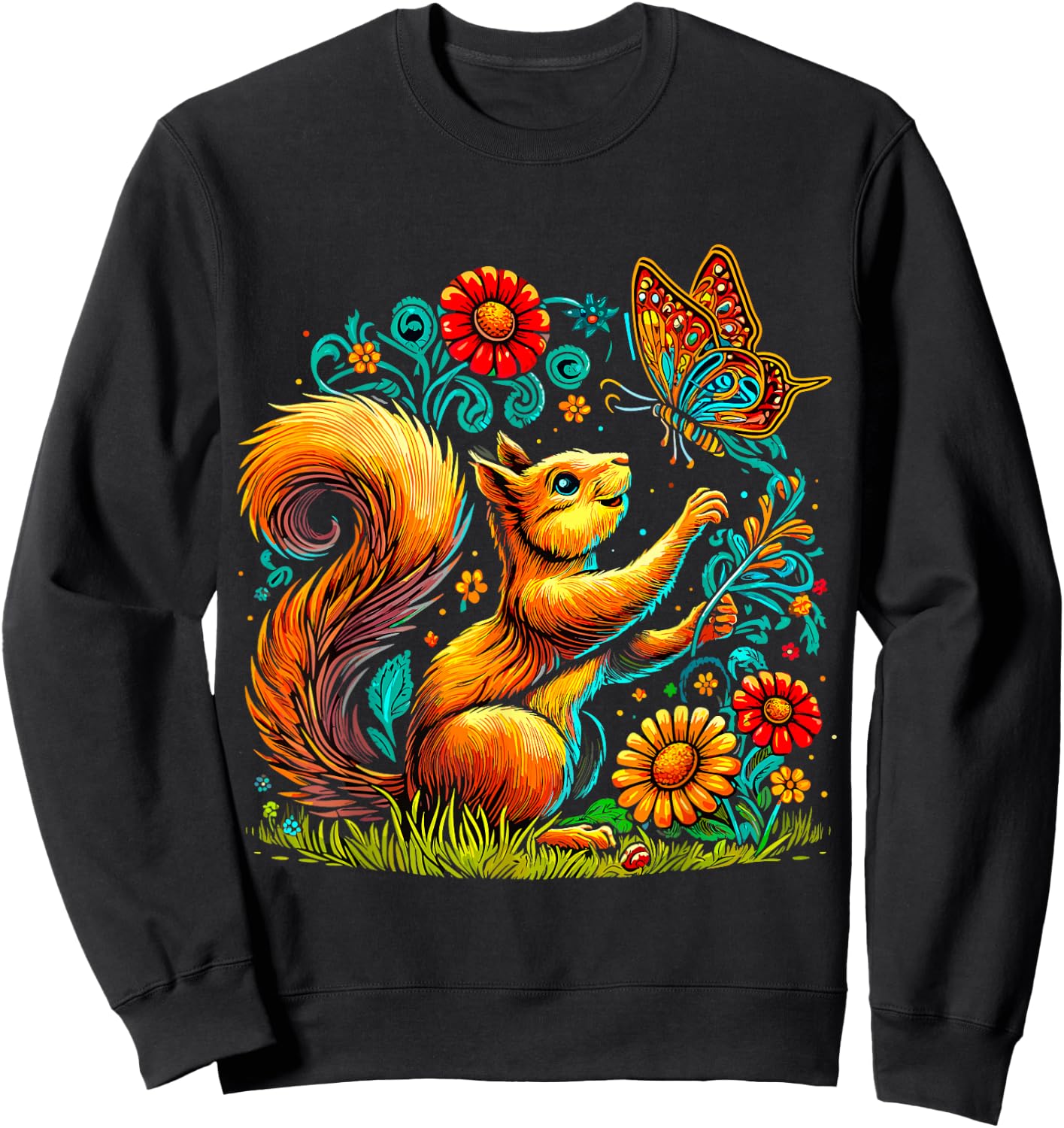 Squirrel with Butterfly and Flowers Sweatshirt - Sweatshirt | Black