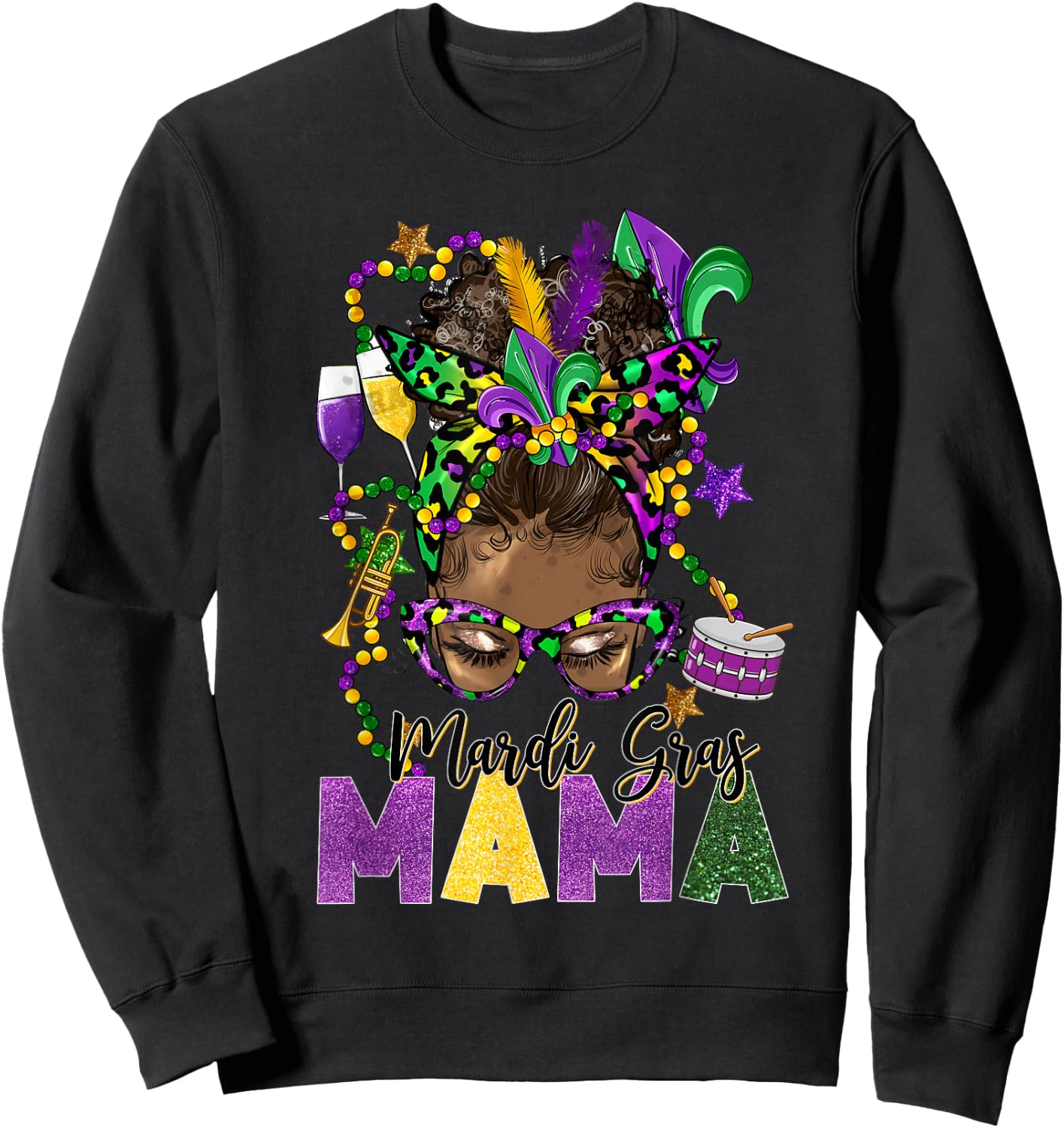 Mardi Gras Mama Messy Bun Women Carnival Party Sweatshirt - Sweatshirt | Black