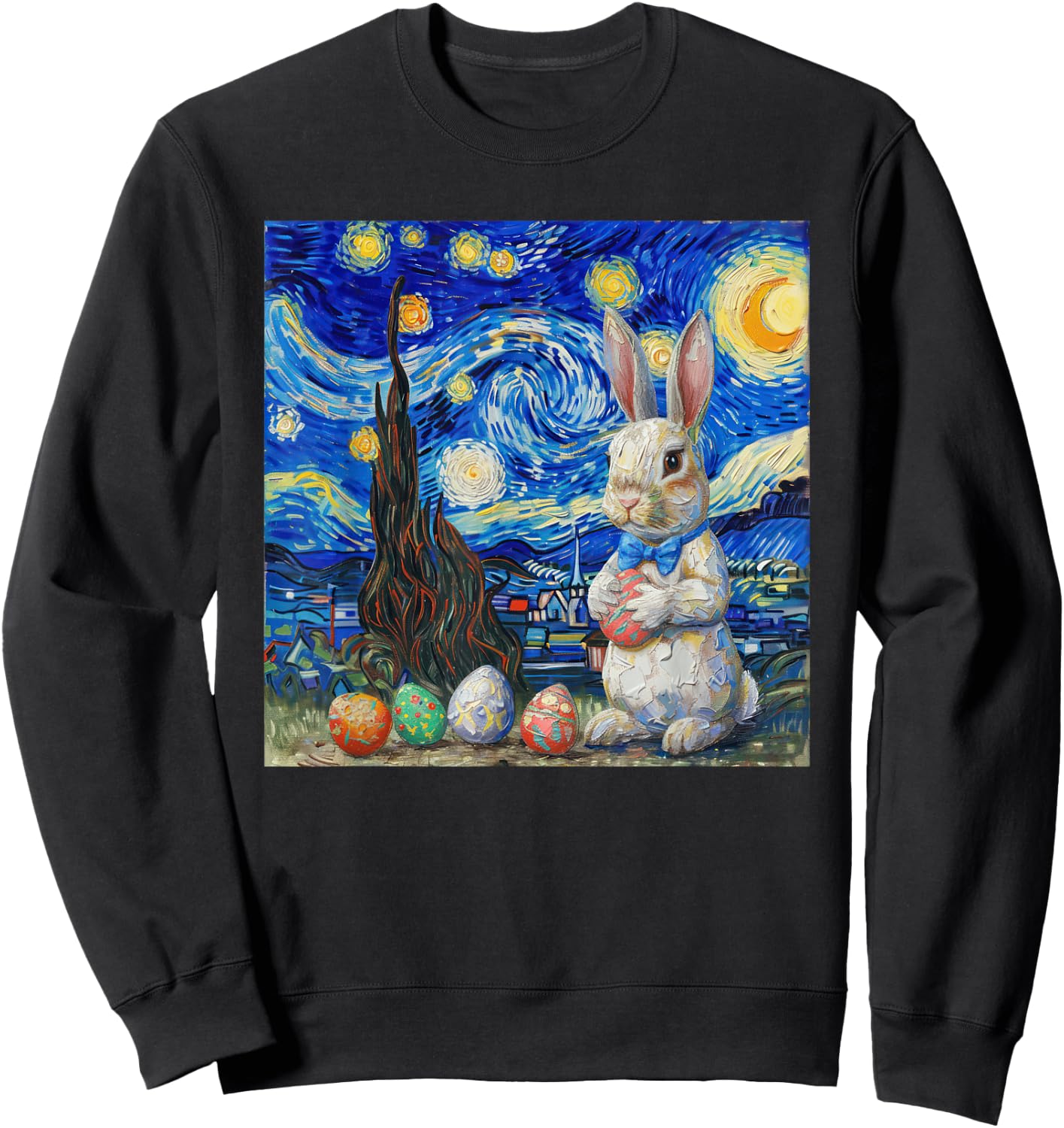 Easter Bunny Happy Easter Eggs Van Gogh Starry Night Sweatshirt - Sweatshirt | Black