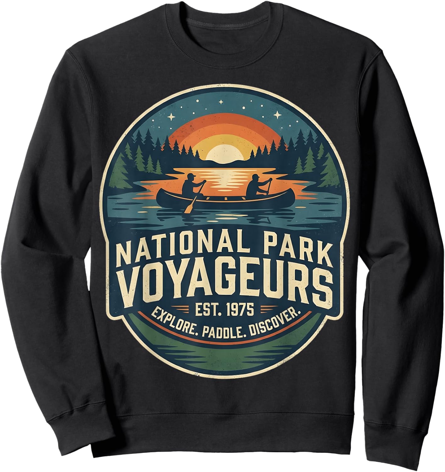 National Park Voyageurs Retro Sunset Canoe Paddling Badge Sweatshirt - Sweatshirt | Black