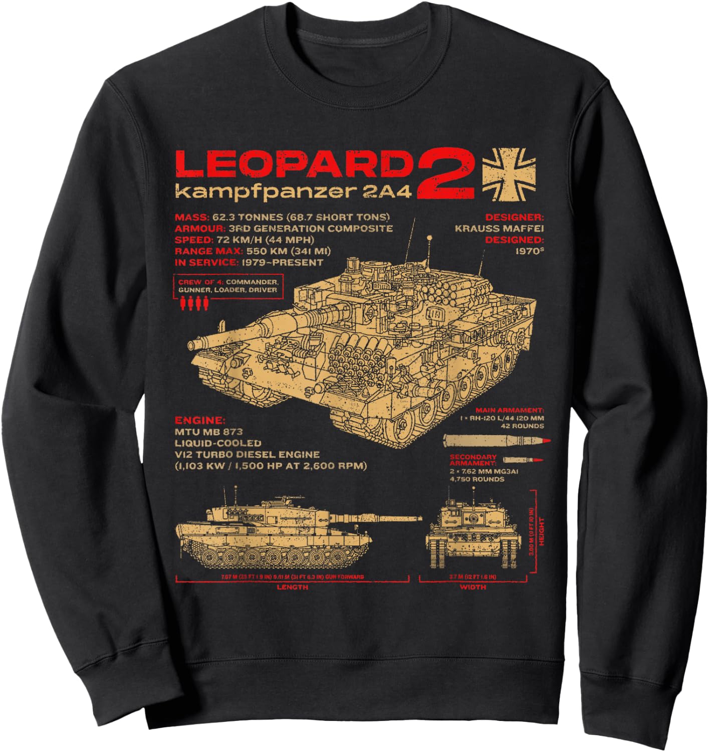 Leopard 2 2A4 Panzer Panzer Fahrzeug Blueprint Sweatshirt - Sweatshirt | Black