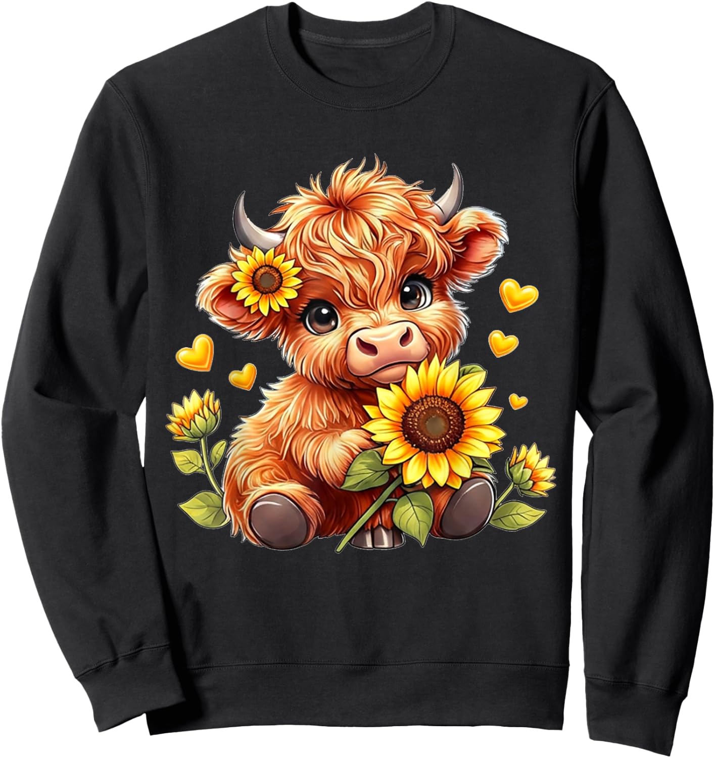 Cute Highland Cow Sunflowers Girls Women Animal Lovers Sweatshirt - Sweatshirt | Black