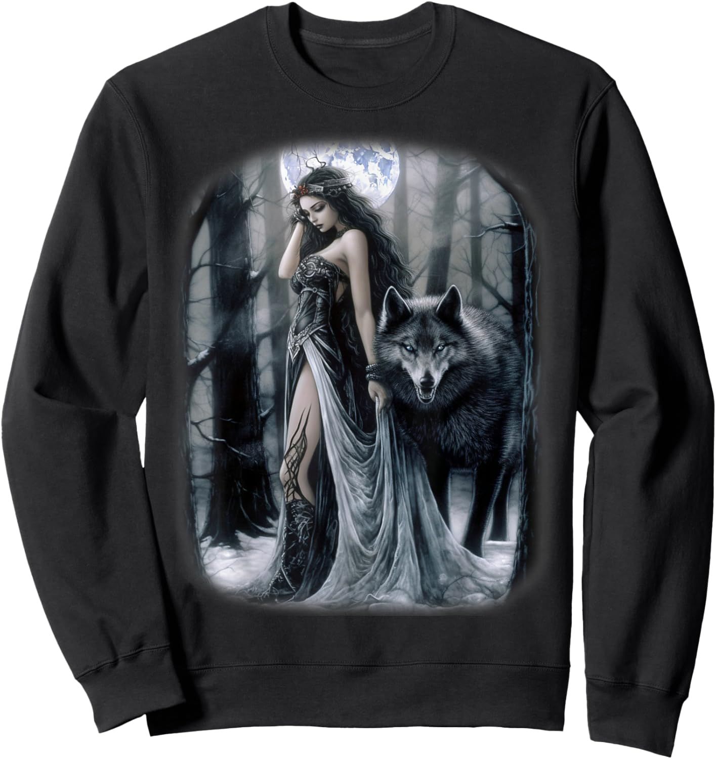 Frau und Grauer Wolf im dunklen Wald mit Mond Fantasy Sweatshirt - Sweatshirt | Black