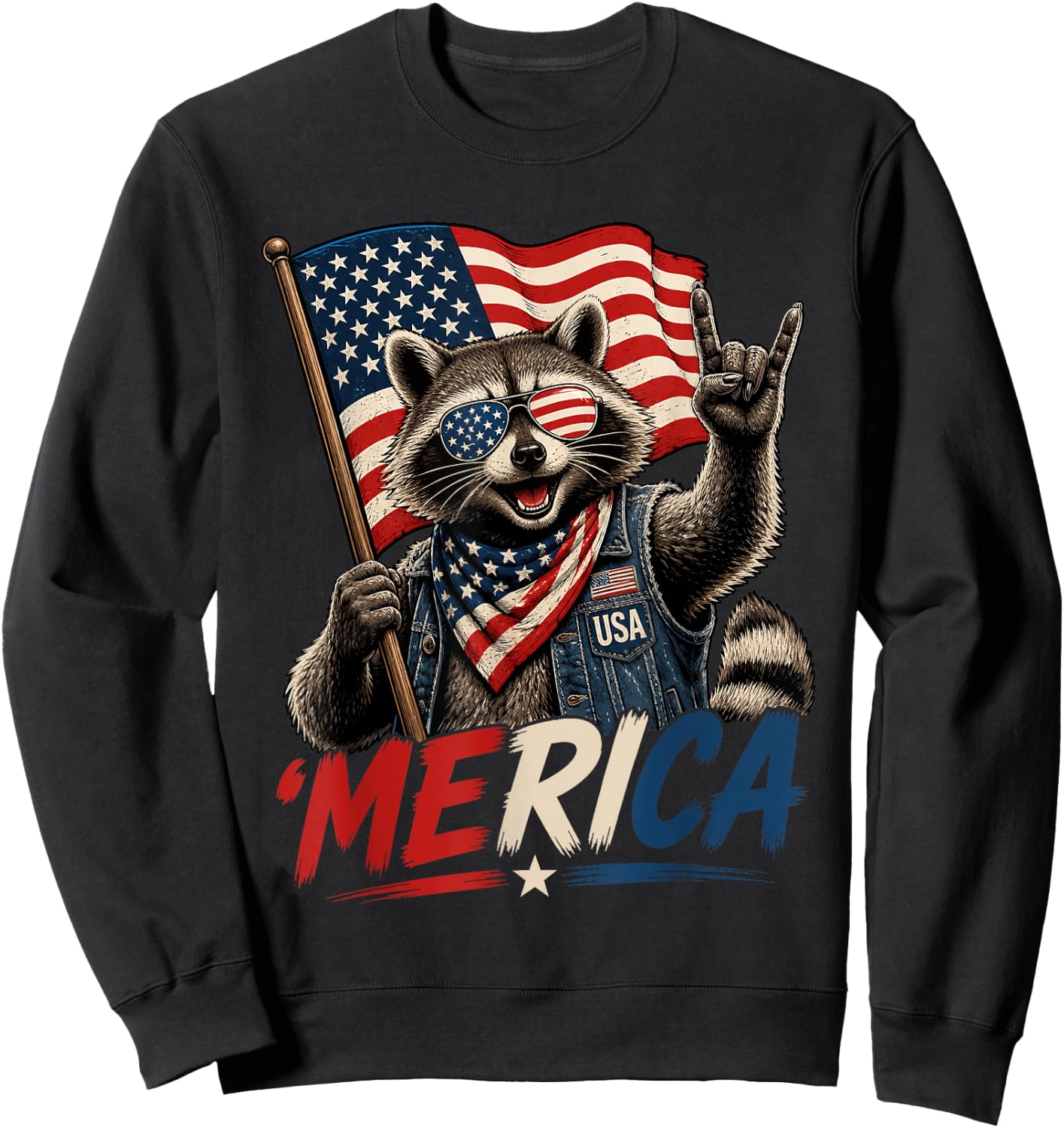 4th of July Raccoon Merica Rock Men Women Kid USA Flag Sweatshirt - Sweatshirt | Black