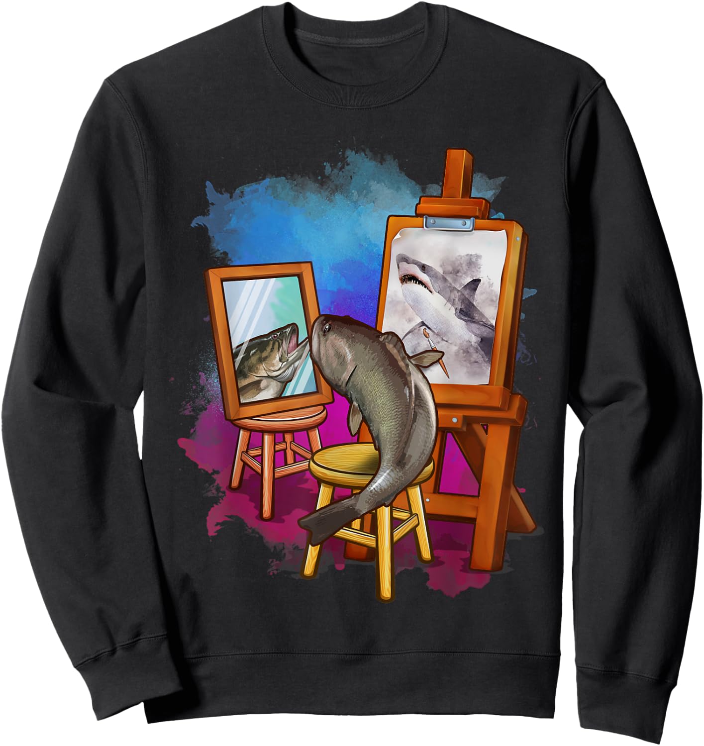 Cute Fish Painting Shark Artistic Animals Lover Graphic Sweatshirt - Sweatshirt | Black