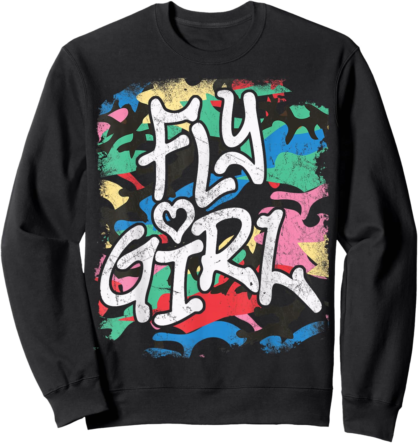 Fly Girl 80s 90s Old School Distressed Camo B-Girl Hip Hop Sweatshirt - Sweatshirt | Black