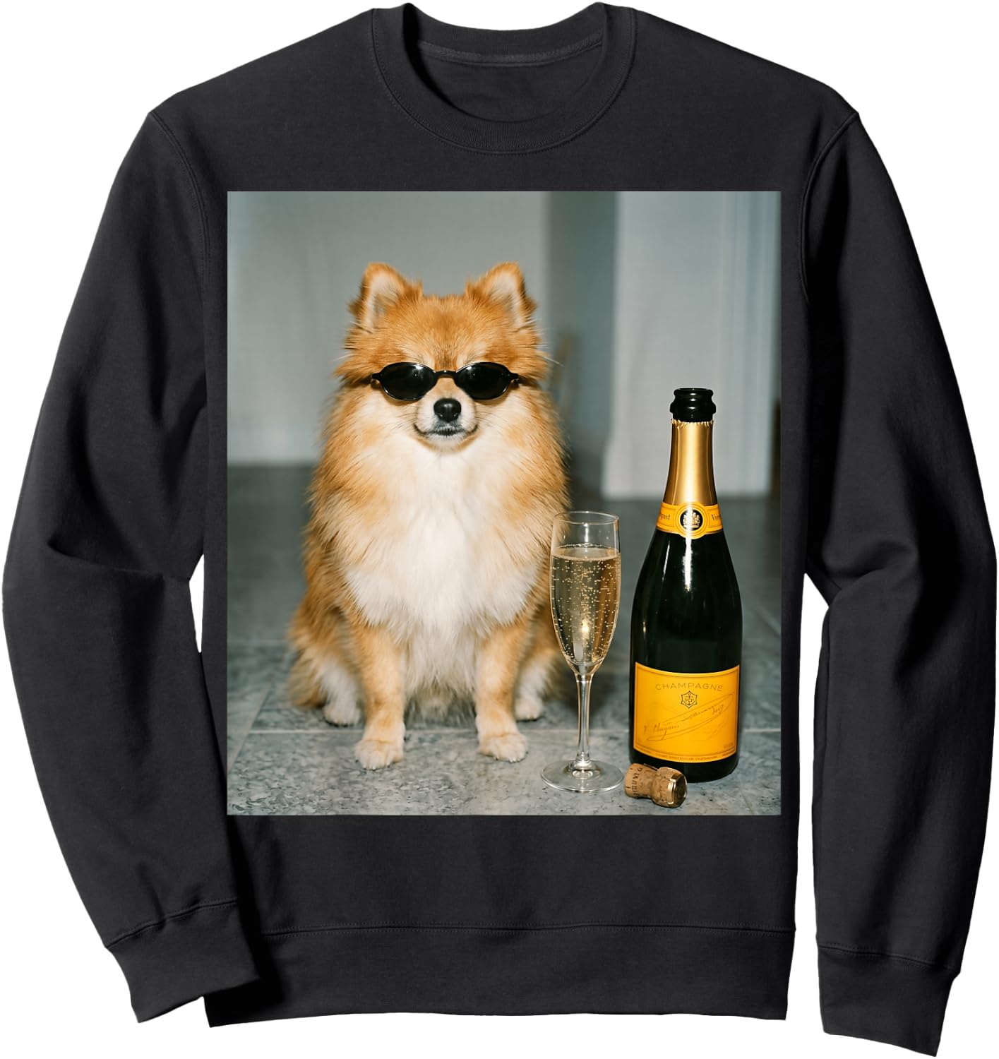 Funny Pomeranian Drinking Champagne Meme Sweatshirt - Sweatshirt | Black