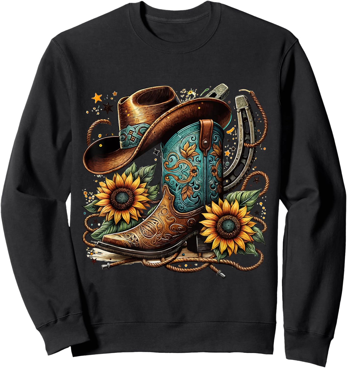 Western Cowboy Boots Horseshoe Sunflower Rope Cowgirl Boat , black Sweatshirt - Sweatshirt | Black