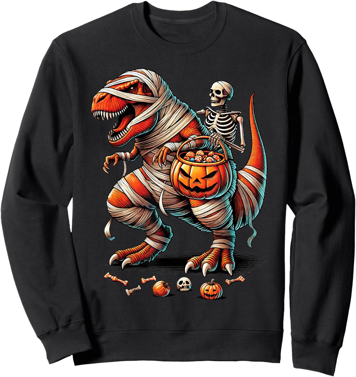 Skeleton Riding Mummy Dinosaur T Rex Kid Boy Funny Halloween Sweatshirt - Sweatshirt | Black