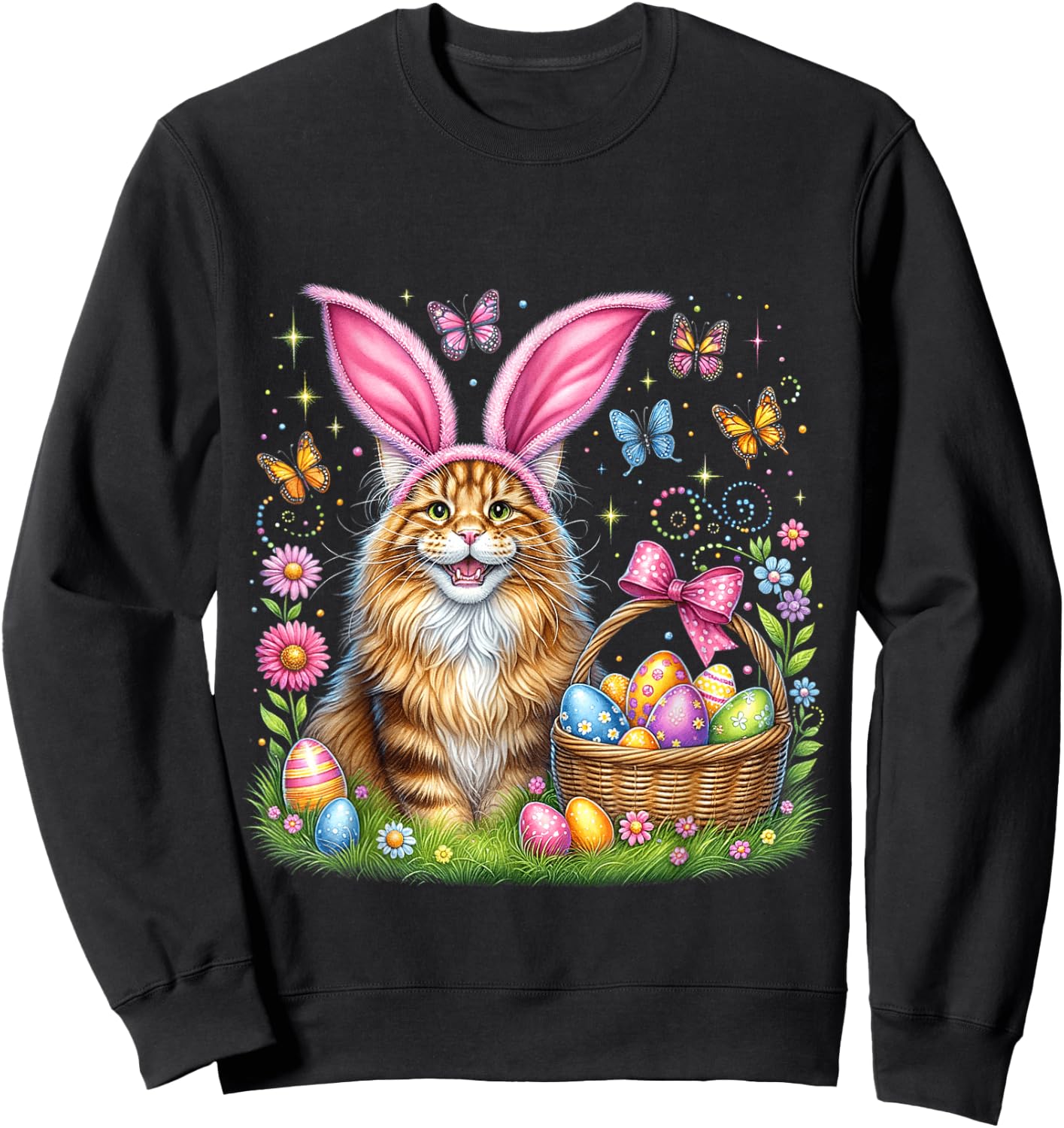 Happy Easter Cute Bunny Maine Coon Cat Easter Eggs Basket Sweatshirt - Sweatshirt | Black