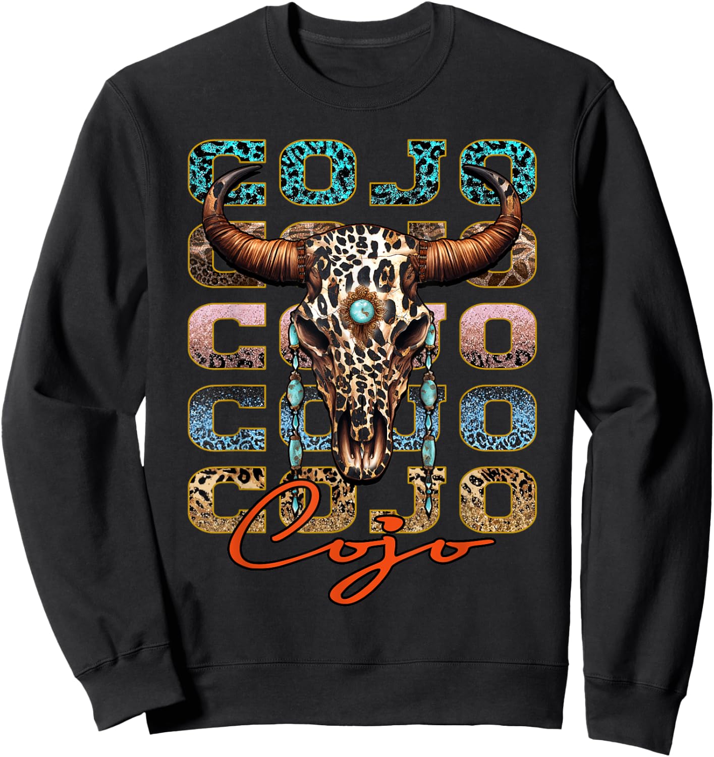 Cojo Distressed Name Pride Vintage Bull-Skull and Leopard Sweatshirt - Sweatshirt | Black