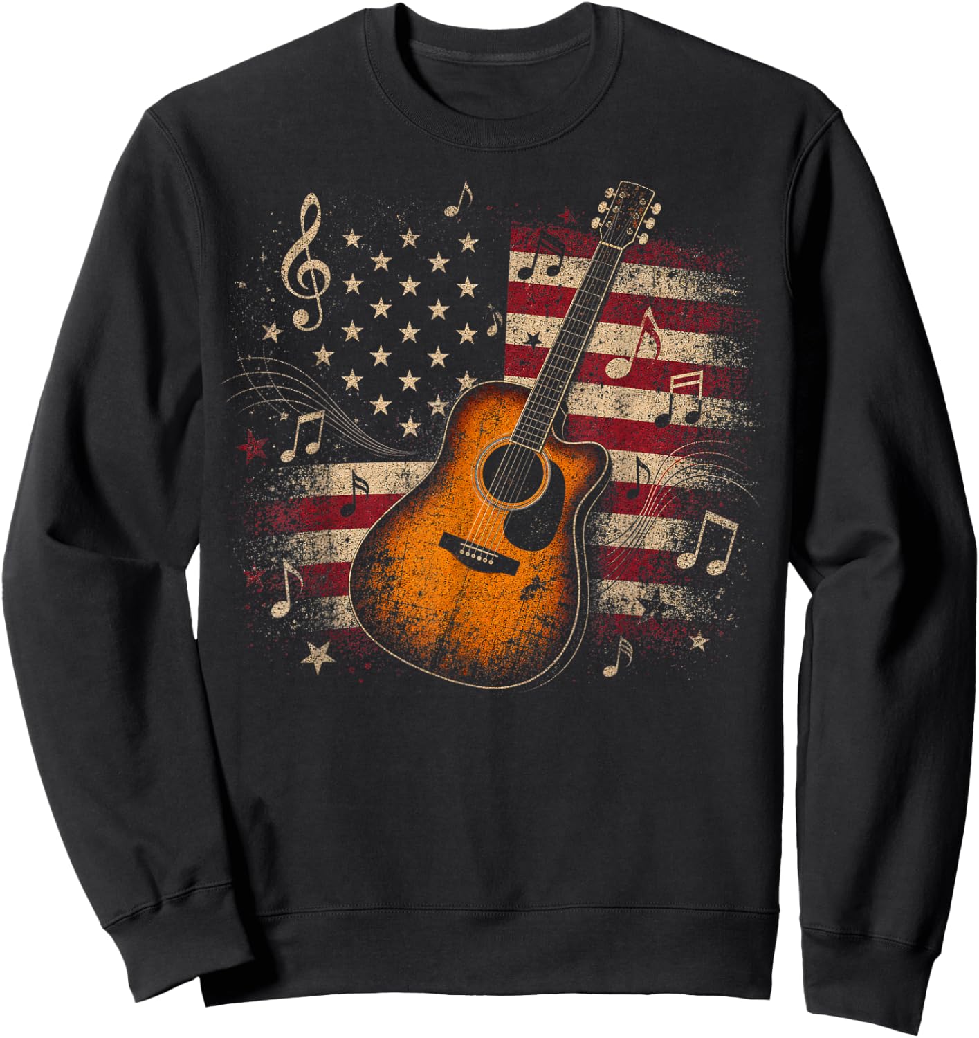 Patriotic Acoustic Guitar with American Flag Design Sweatshirt - Sweatshirt | Black