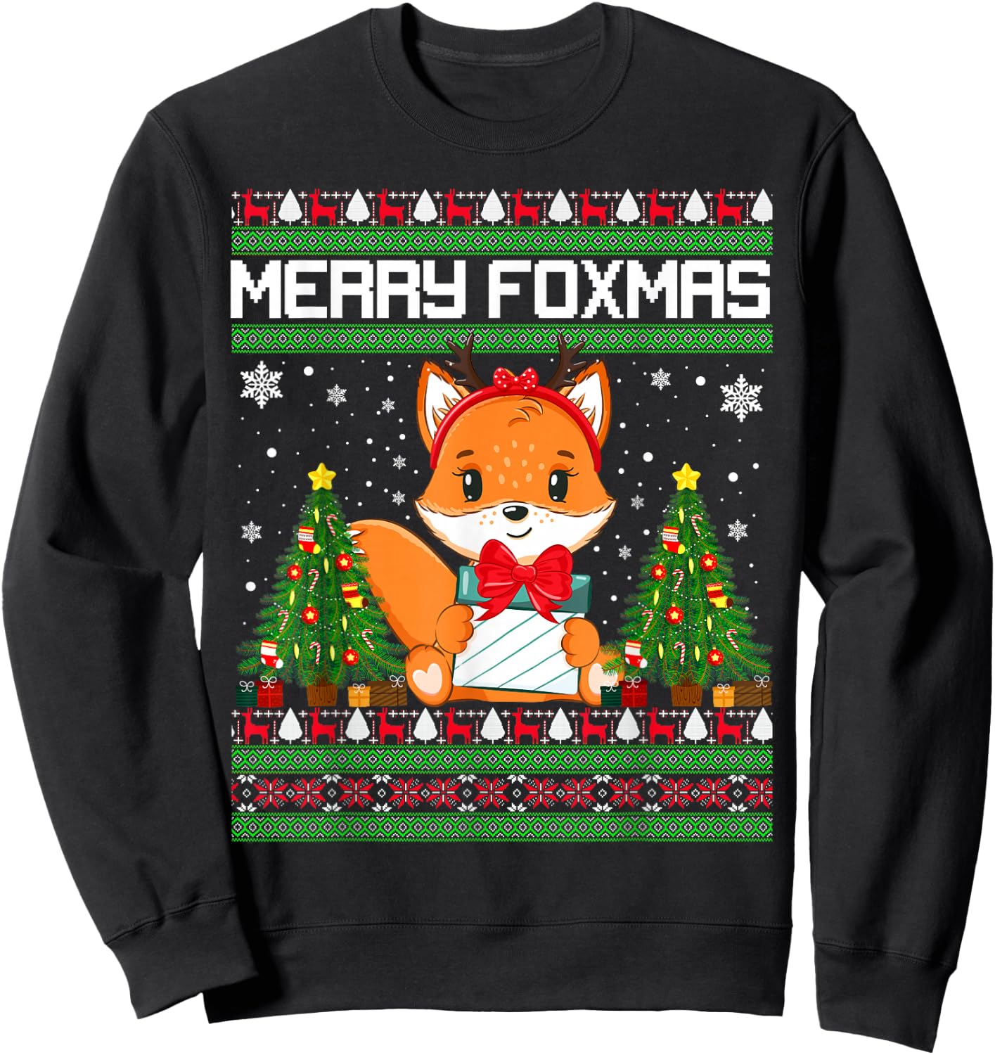 Merry Foxmas Santa Fox Lights Fox Lovers Ugly Xmas Sweater Sweatshirt - Sweatshirt | Black