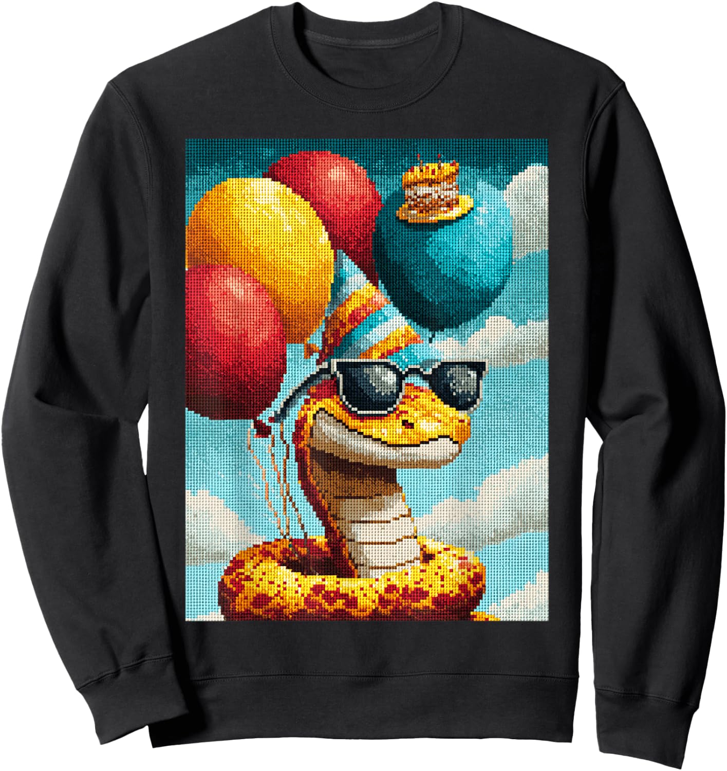 Retro Snake Birthday Party Balloons & Cake Pixel Animal Sweatshirt - Sweatshirt | Black