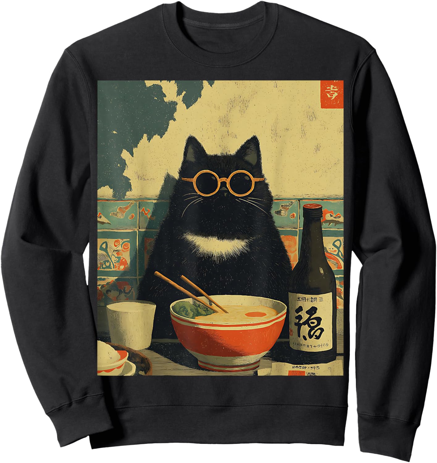 Vintage Japanische Katze Ramen Katze Papa Retro Lustige Grafik Frauen Sweatshirt - Sweatshirt | Black