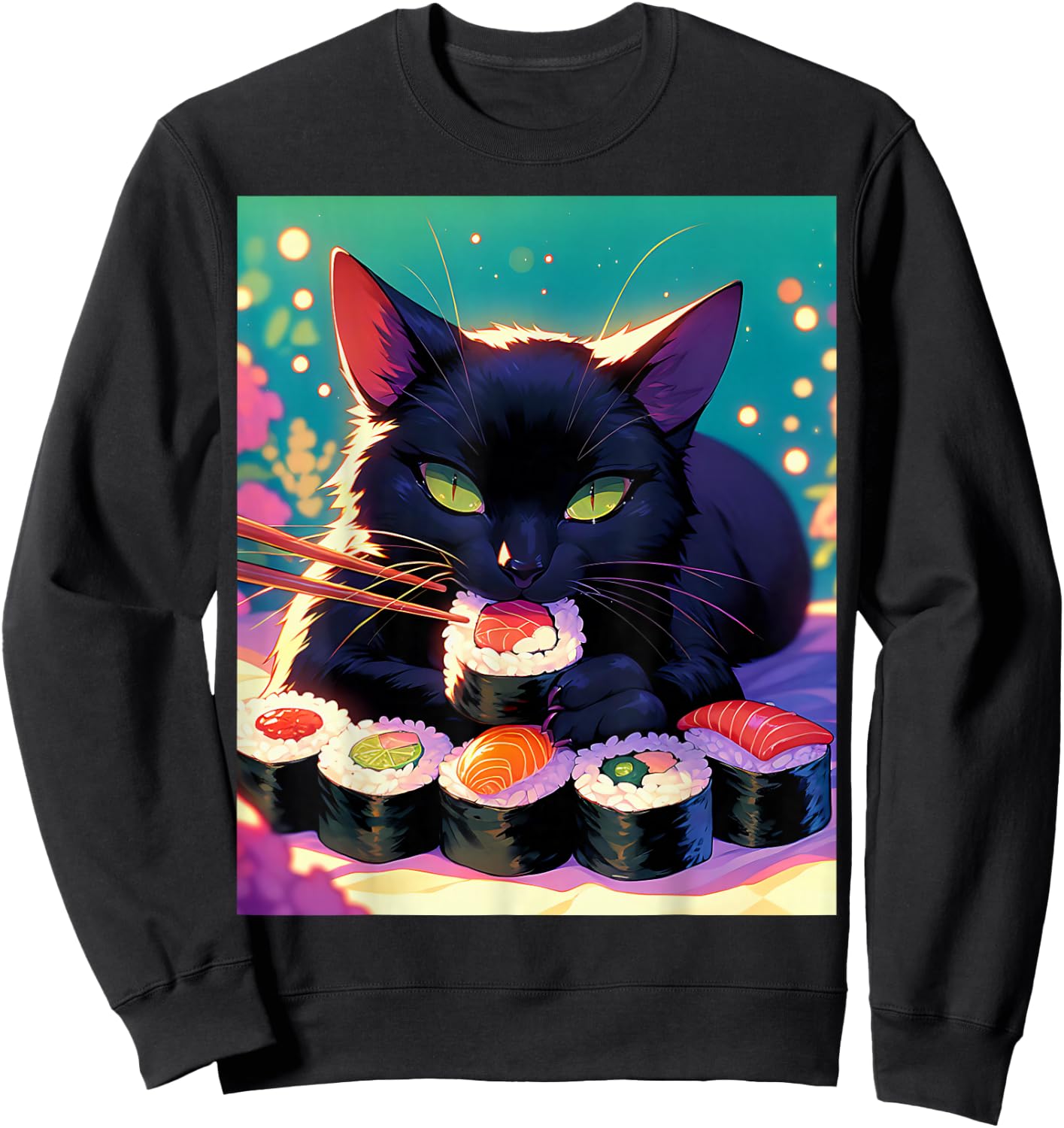 Black Cat Eating Sushi Anime Funny Cat Gifts Men Women Kids Sweatshirt - Sweatshirt | Black