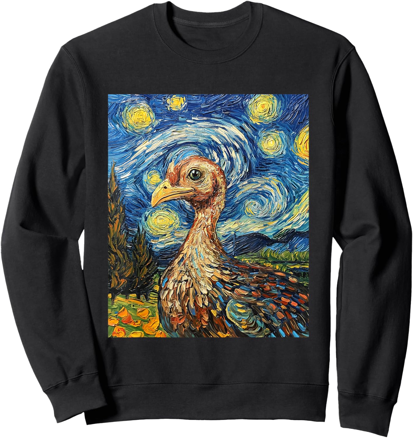 Funny Turkey Thanksgiving Van Gogh Style Starry Night Sweatshirt - Sweatshirt | Black