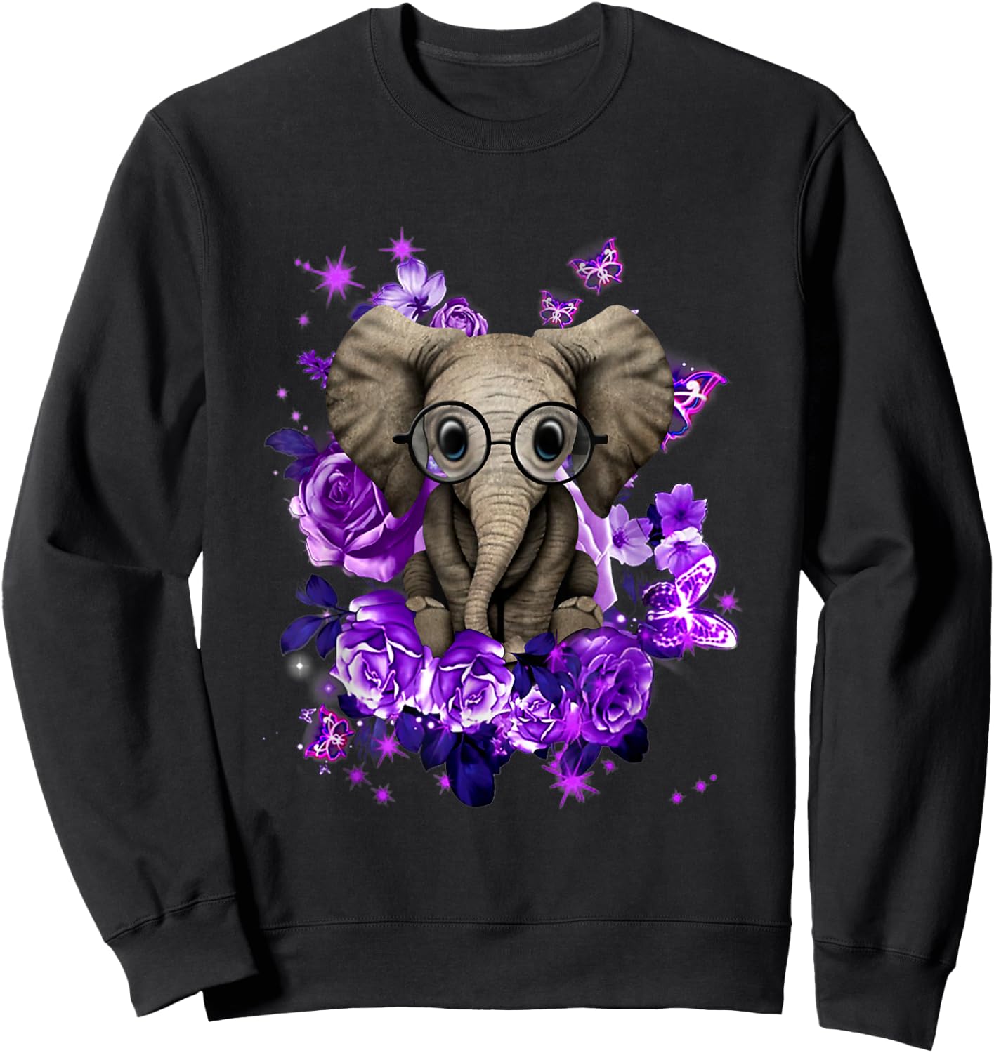 Funny Purple Elephant Purple Flower And Butterfly Sweatshirt - Sweatshirt | Black