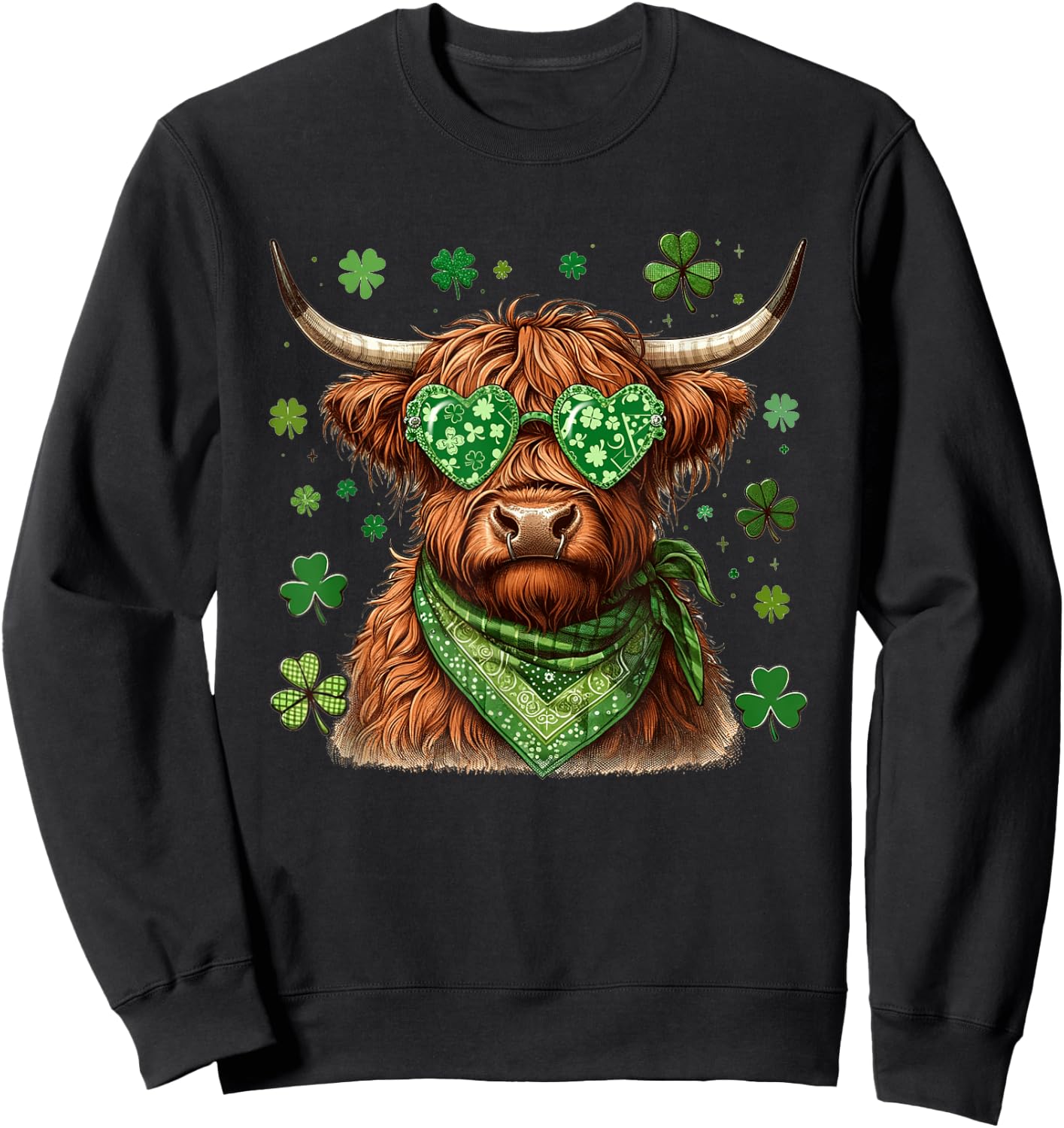 BUTLERTEES Women's St. Patrick's Day Highland Cow Shamrock (Black, Standard Length, Cotton) Sweatshirt - Sweatshirt | Black